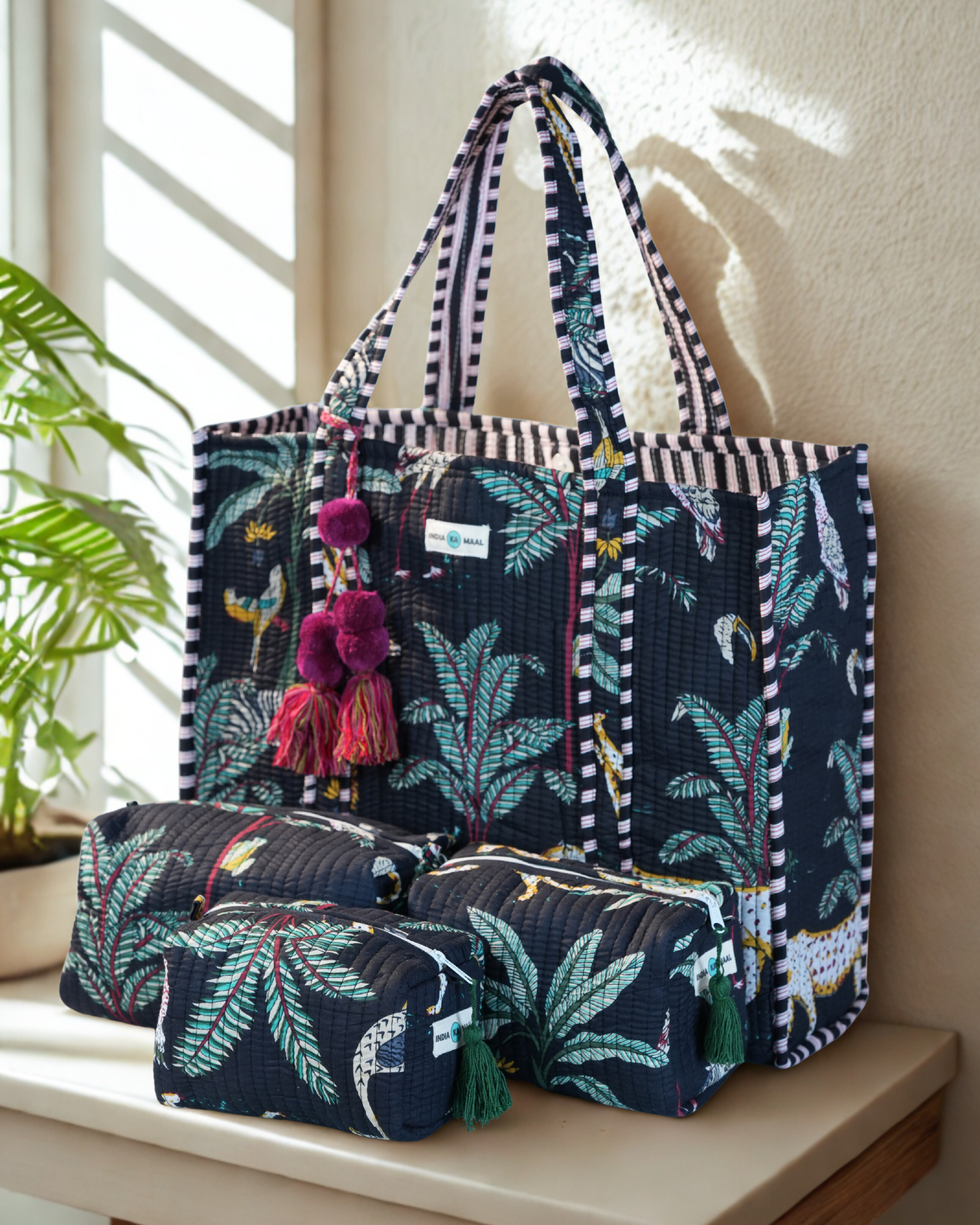 Hand Block Print Quilted Tote with 3 Matching Pouches (Black and Green)