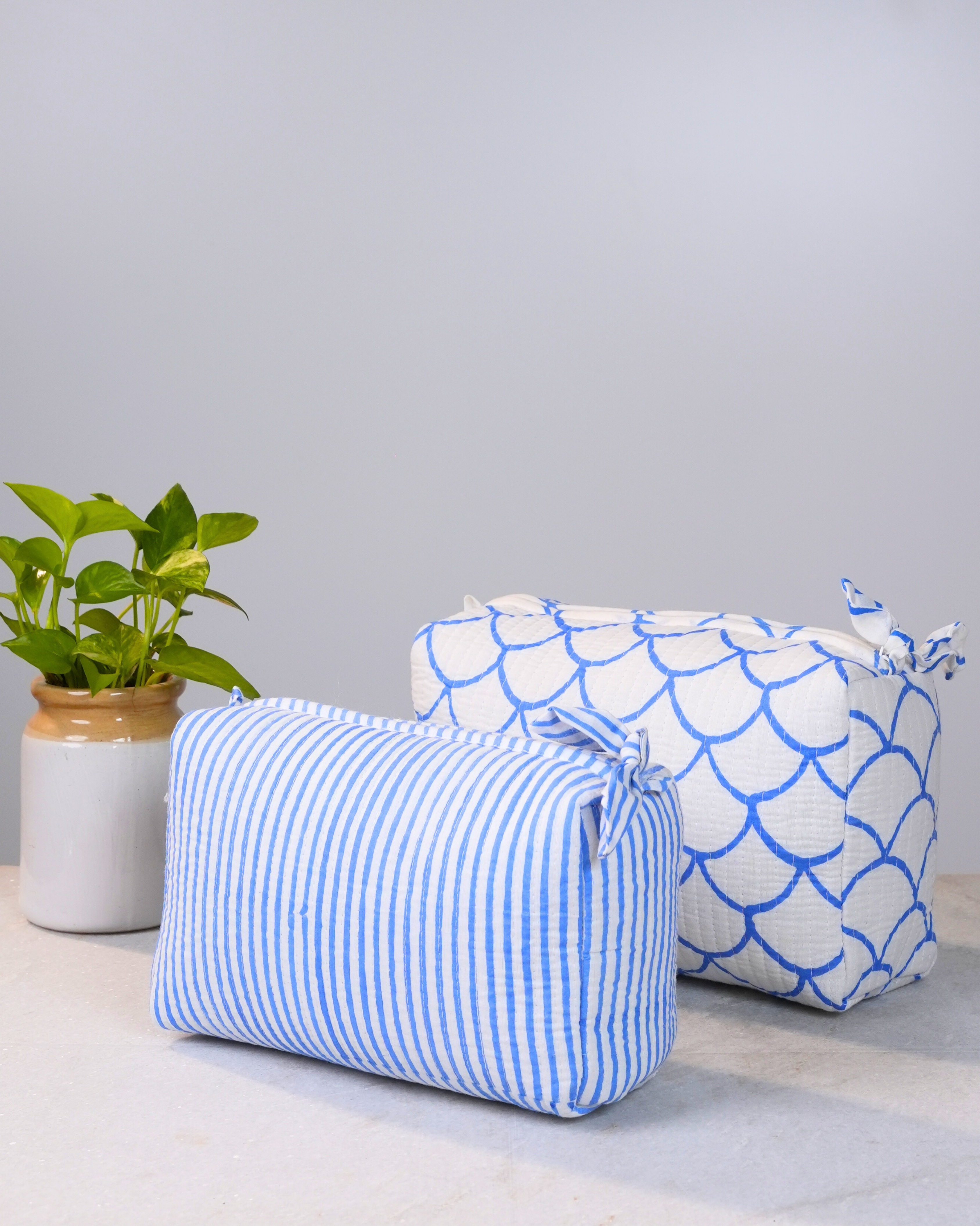 Blue Striped And Scallop Handblock Pouch Set