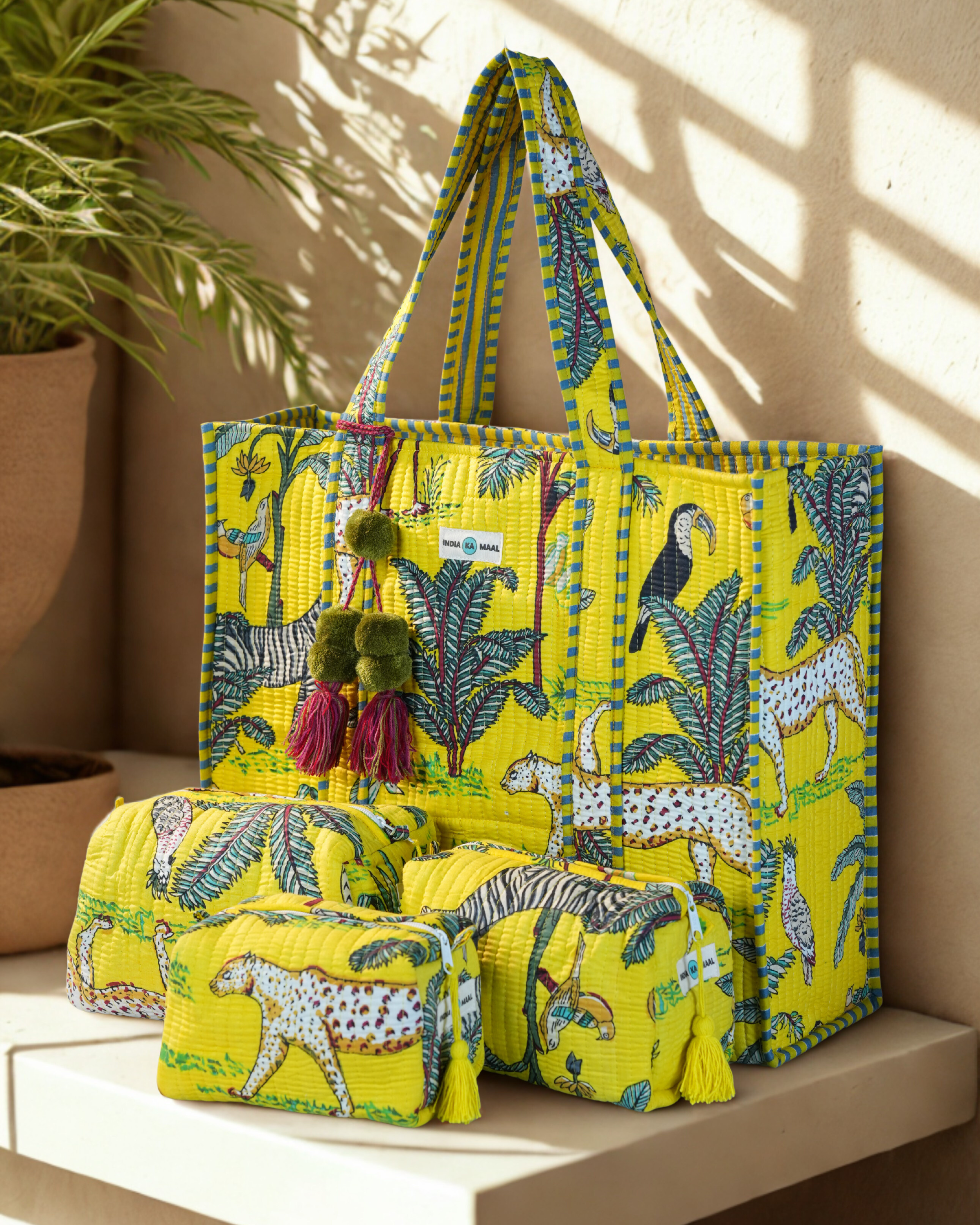 Hand Block Print Quilted Tote with 3 Matching Pouches (Yellow and Green)
