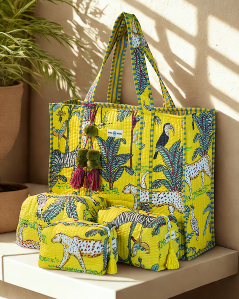 Hand Block Print Quilted Tote with 3 Matching Pouches (Yellow and Green)