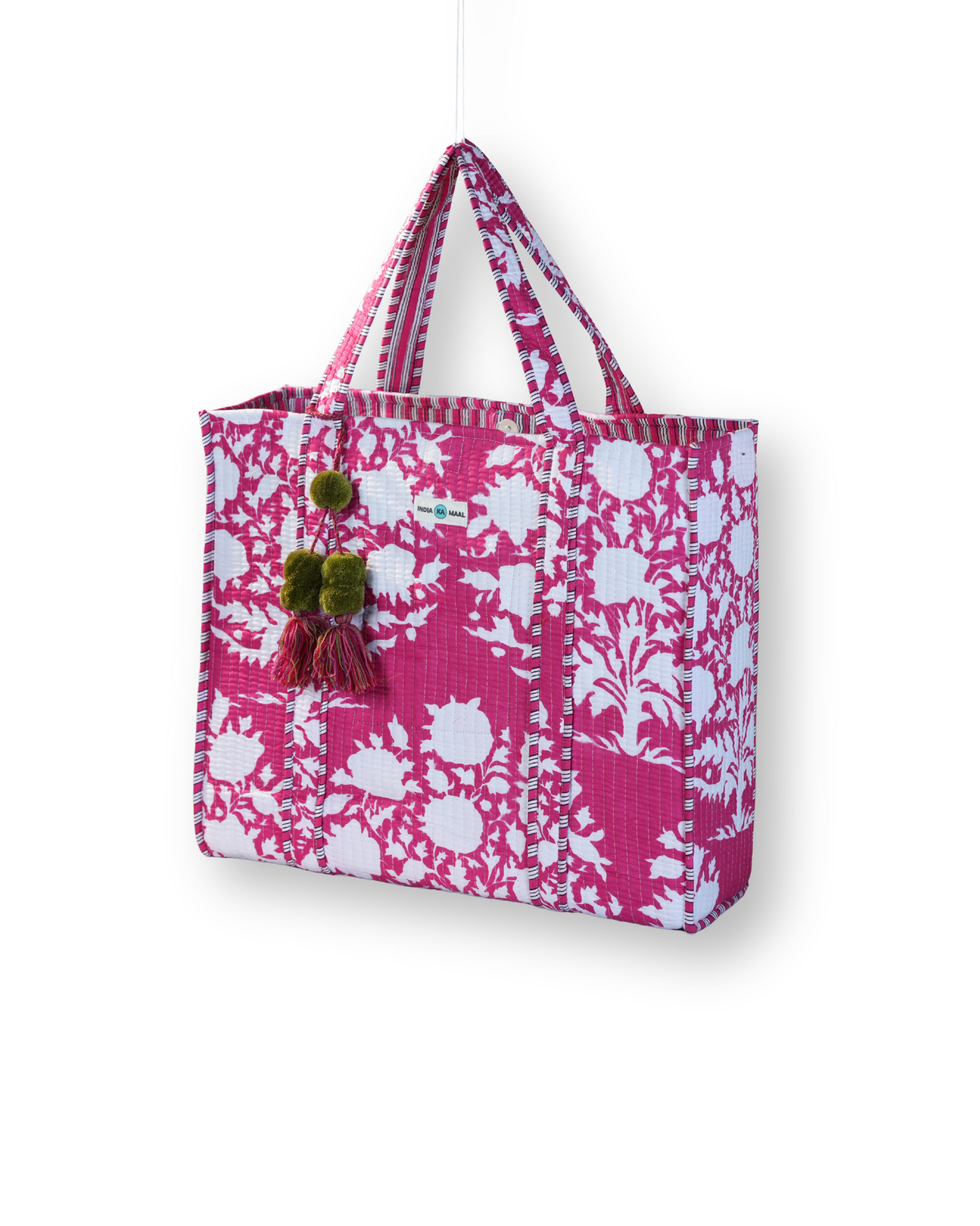 Hand Block Print Quilted Tote (Pink and White)
