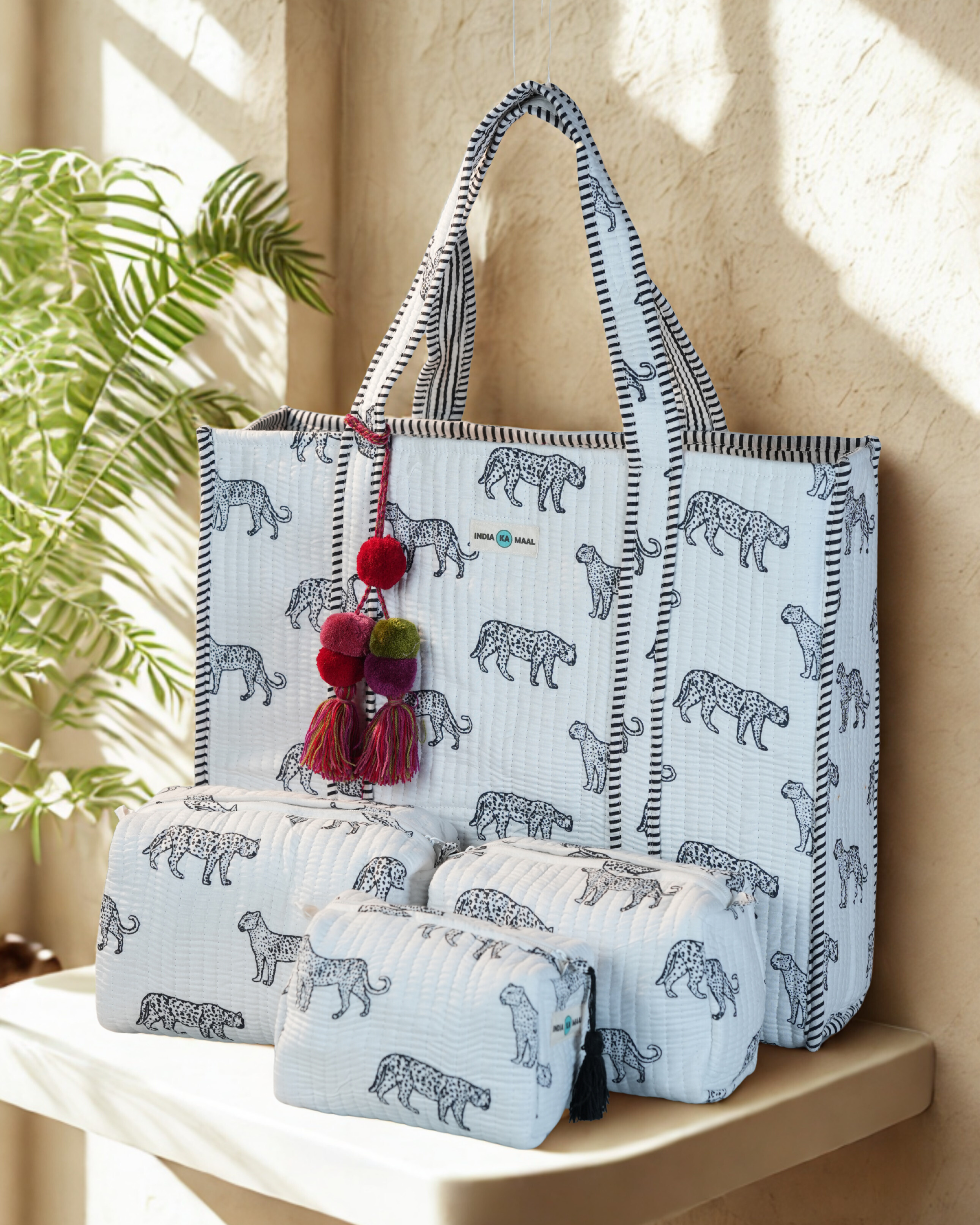 Hand Block Print Quilted Tote with 3 Matching Pouches (White and Black)