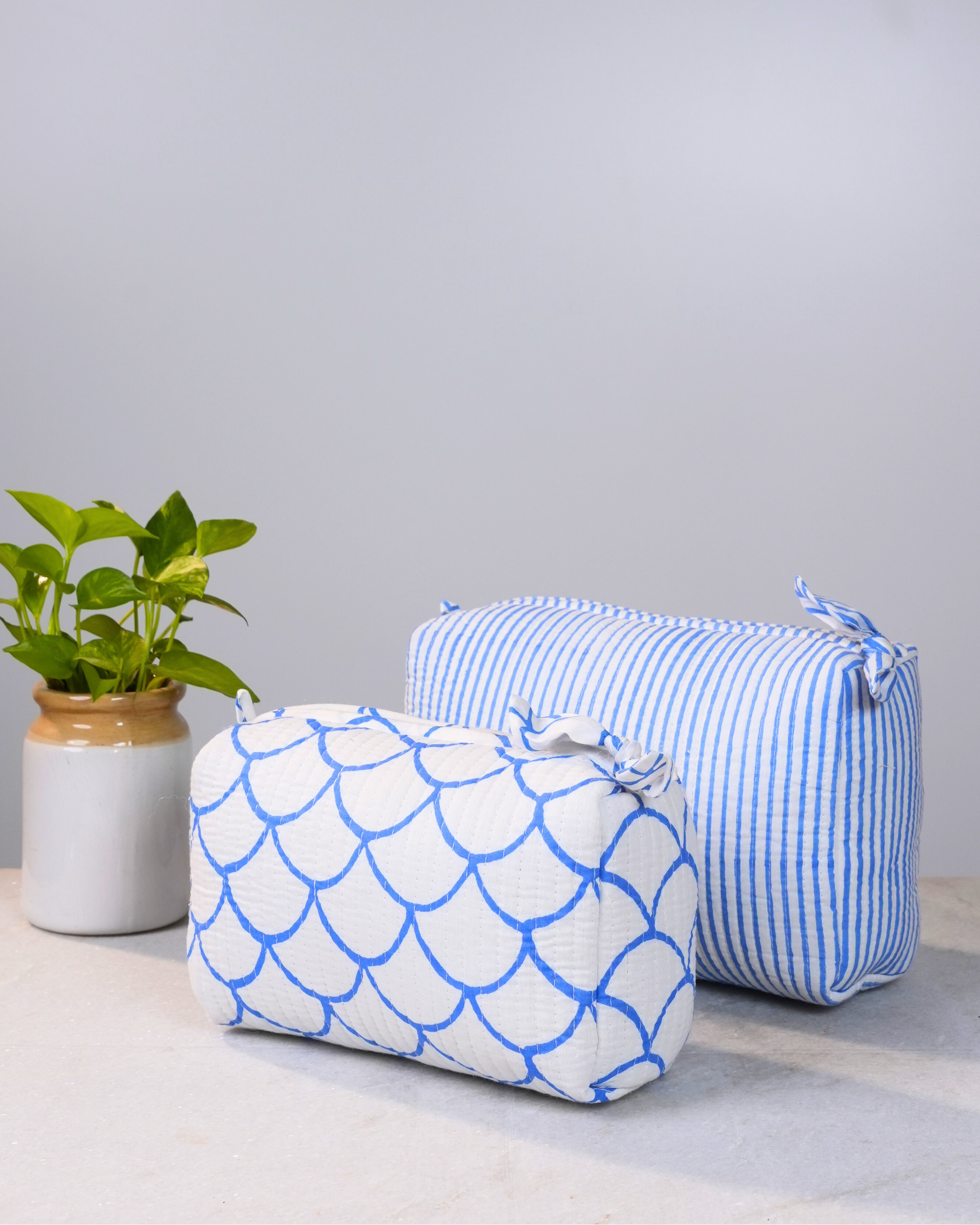 Blue Scallop & Striped Handblock Pouch Set