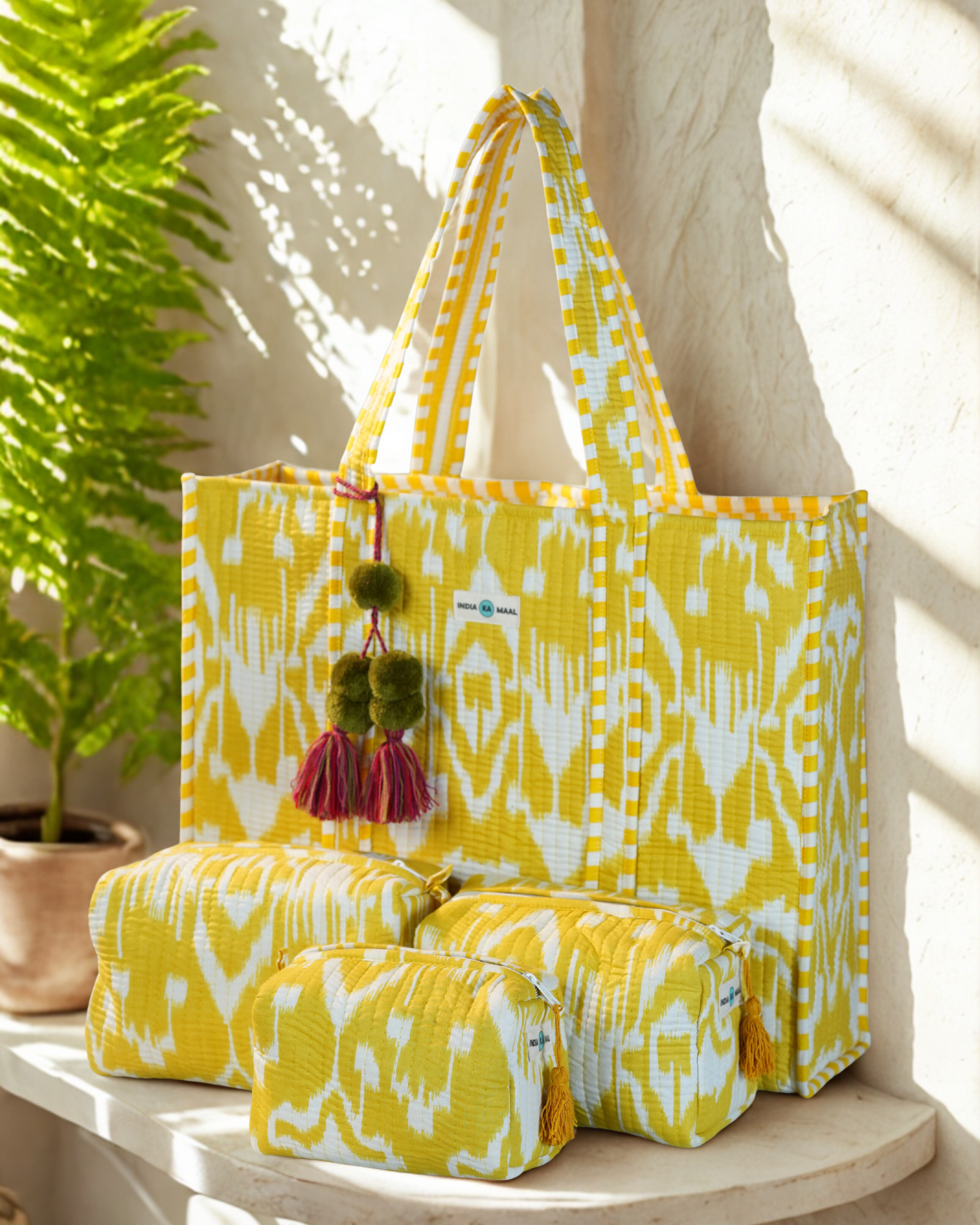 Hand Block Print Quilted Tote with 3 Matching Pouches (Yellow and White)