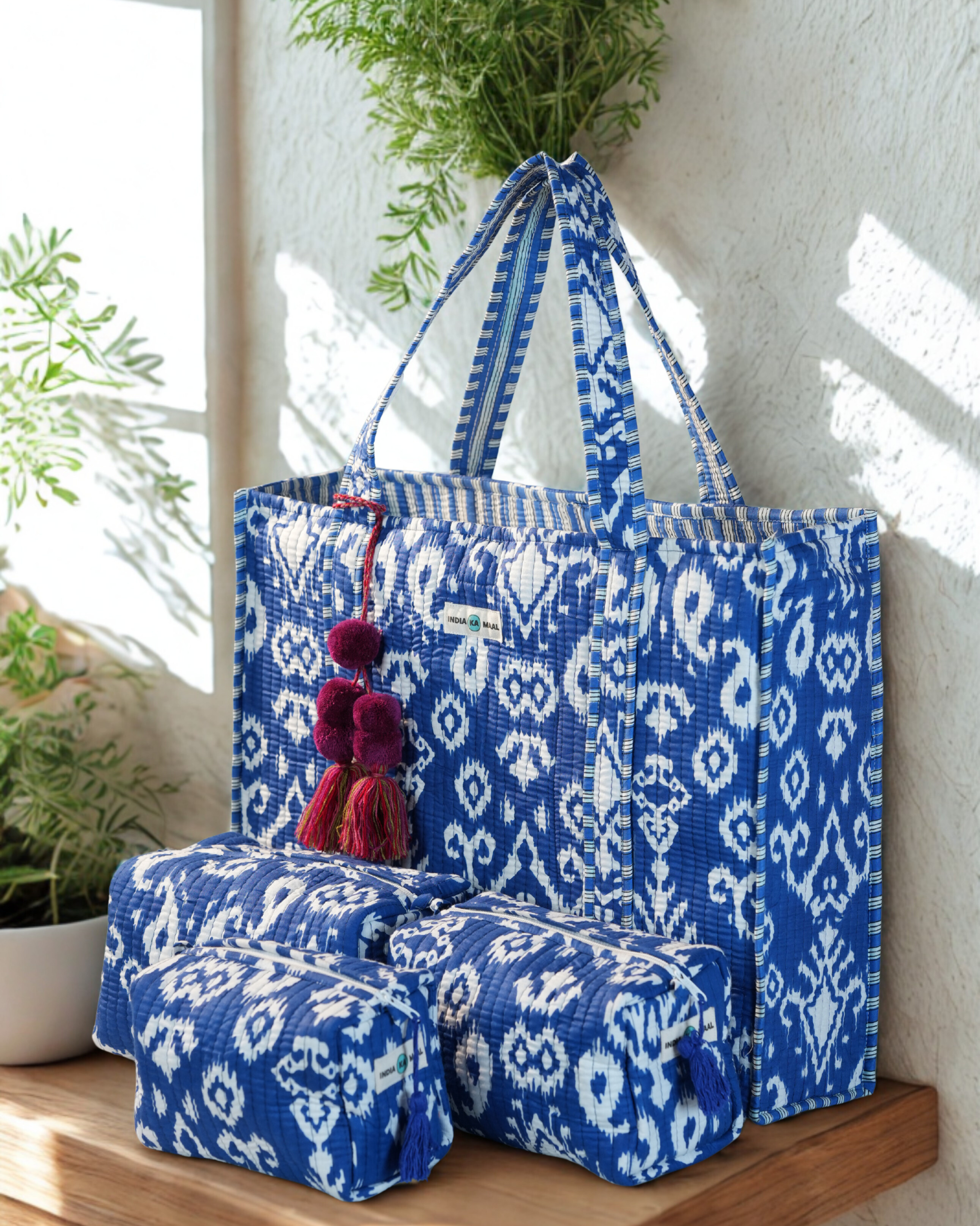 Hand Block Print Quilted Tote with 3 Matching Pouches (Blue and White)
