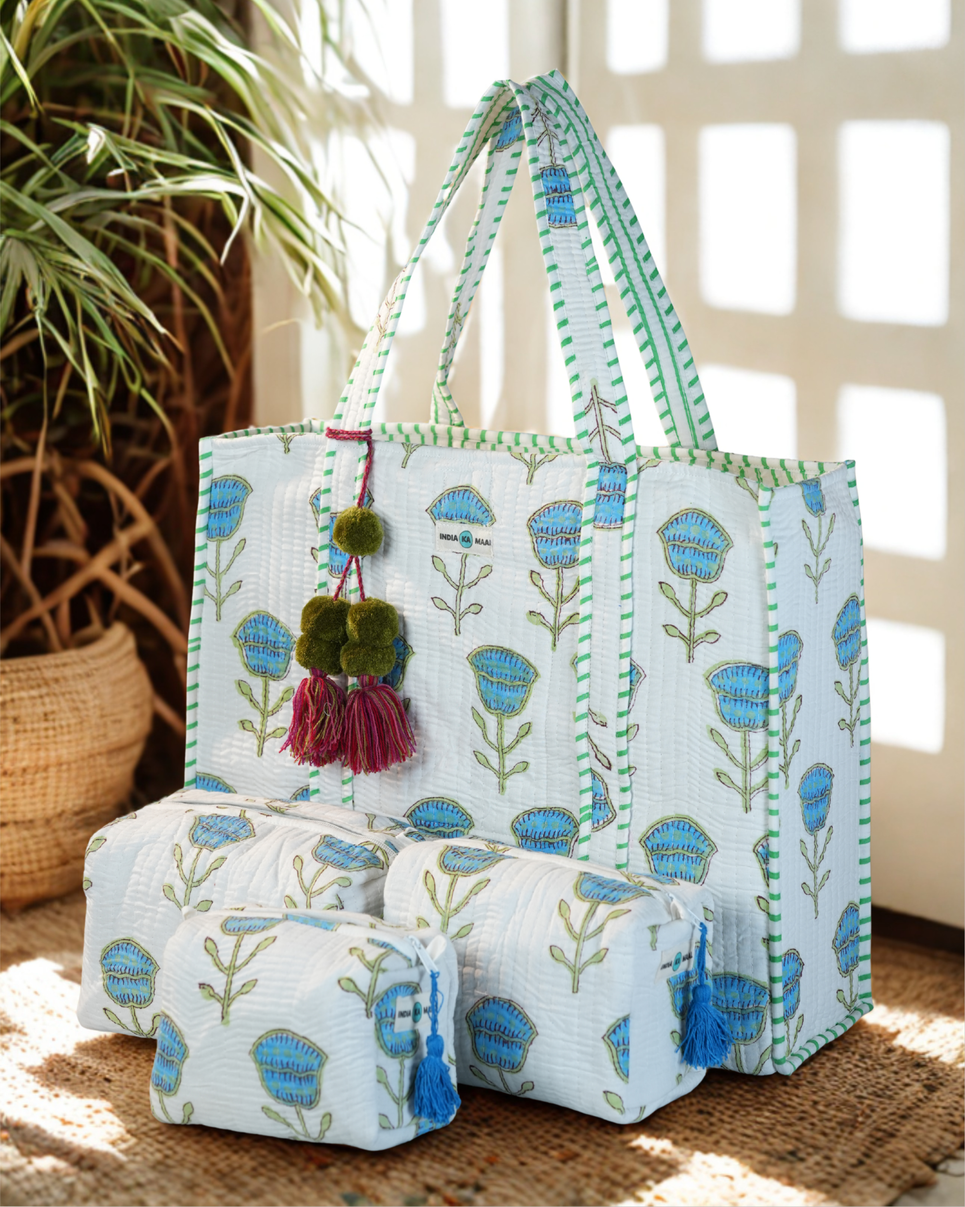 Hand Block Print Quilted Tote with 3 Matching Pouches (White and Blue)