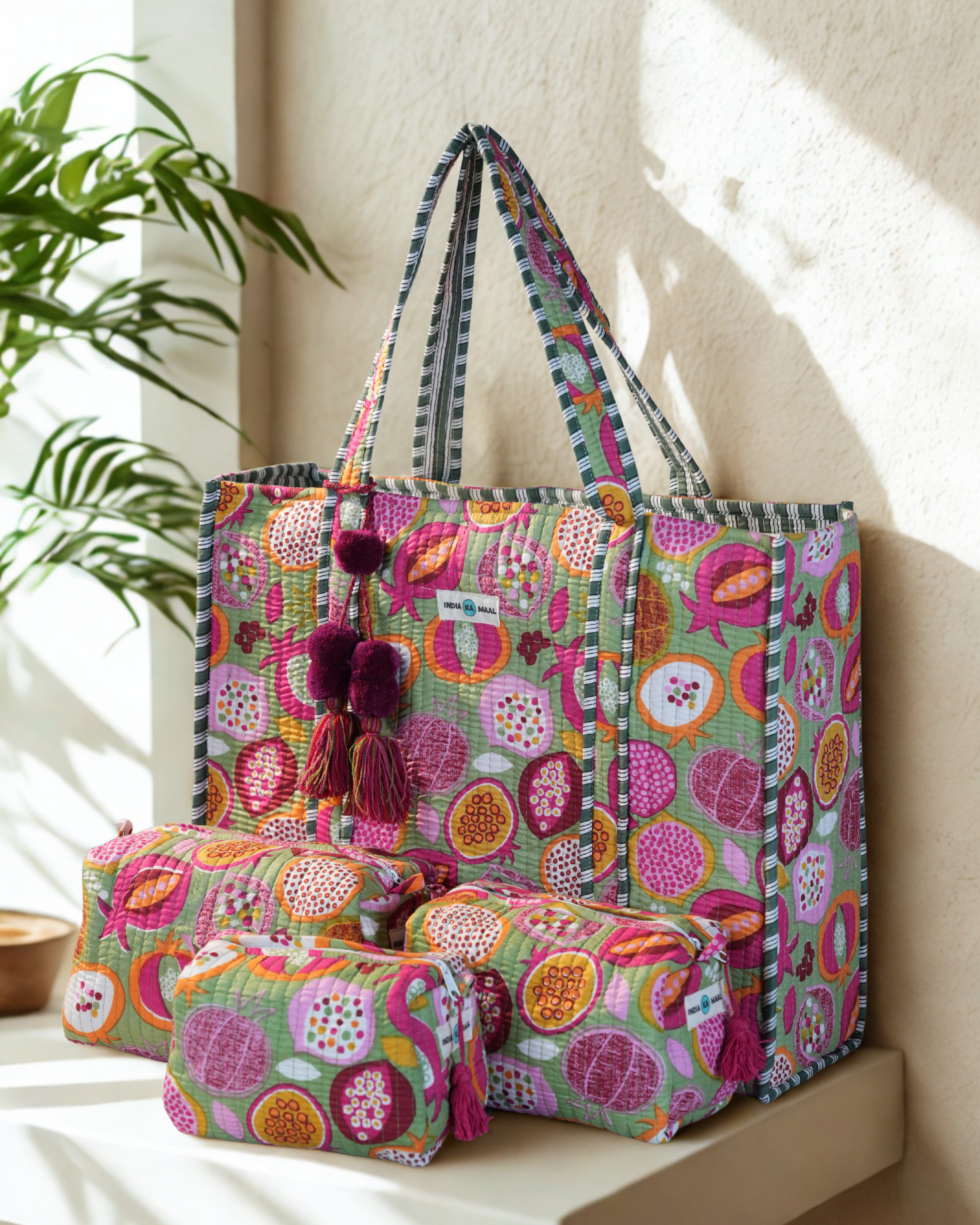 Hand Block Print Quilted Tote with 3 Matching Pouches (Green and Pink)