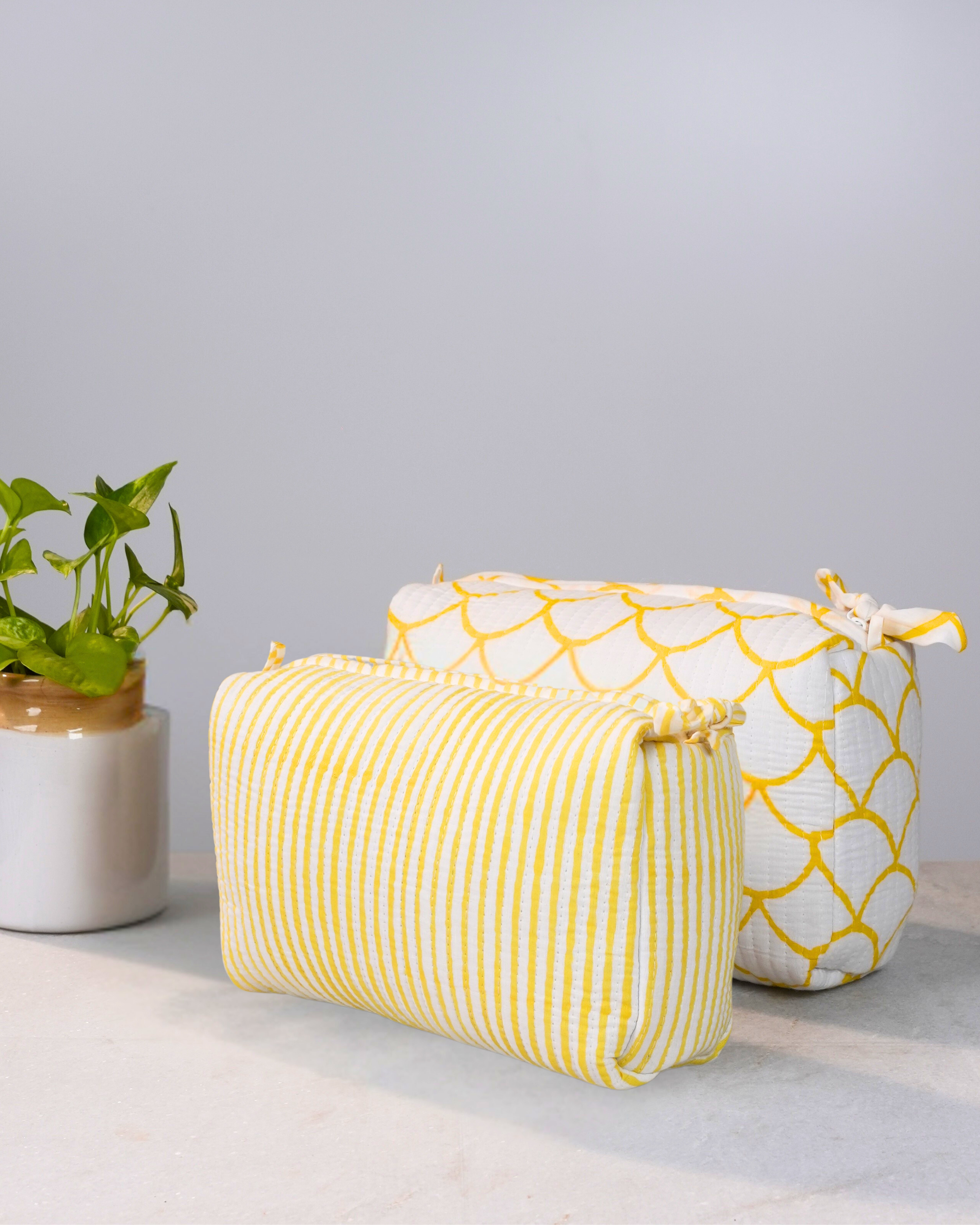 Yellow Striped And Scallop Handblock Pouch Set