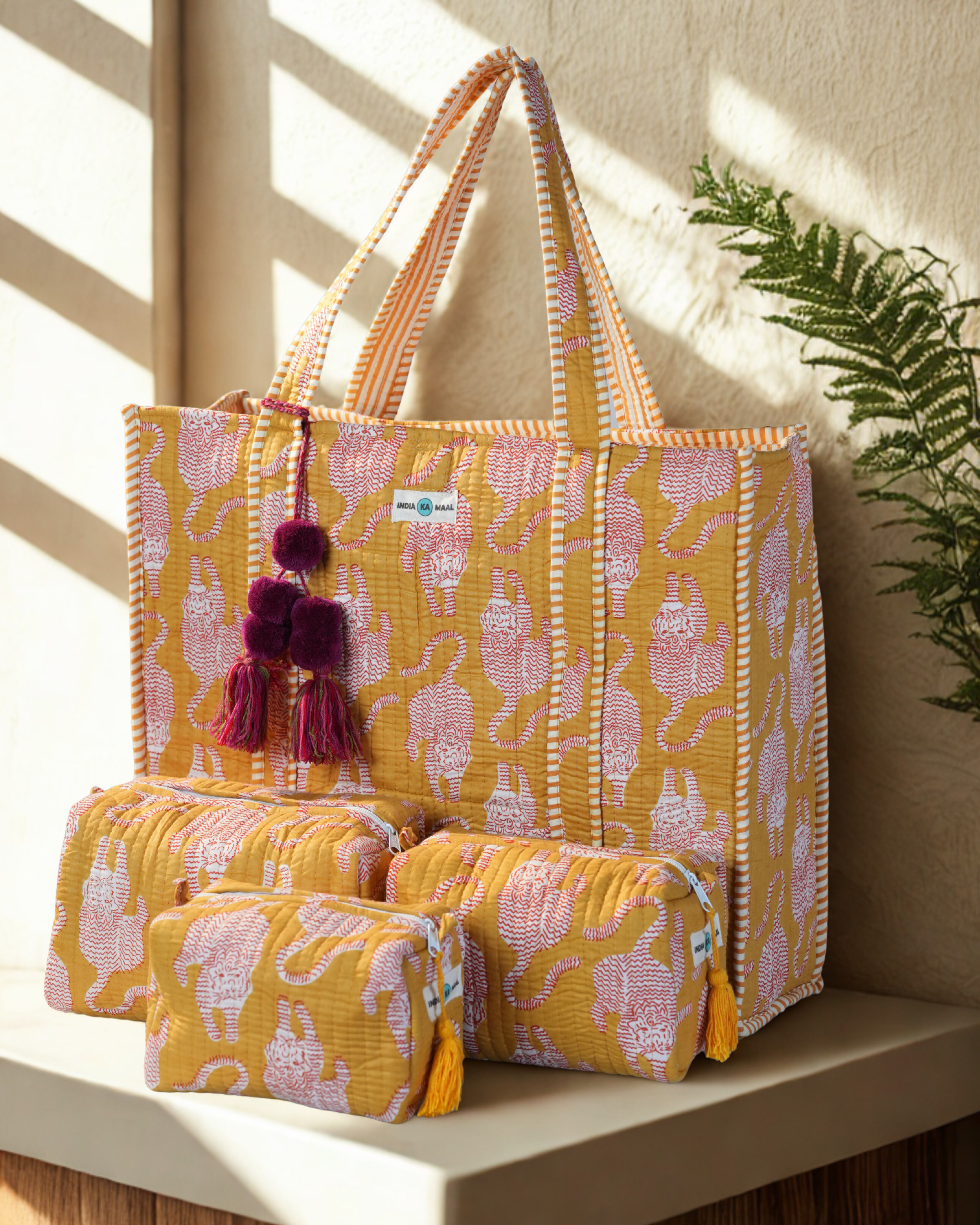 Hand Block Print Quilted Tote with 3 Matching Pouches (Mustard and White)