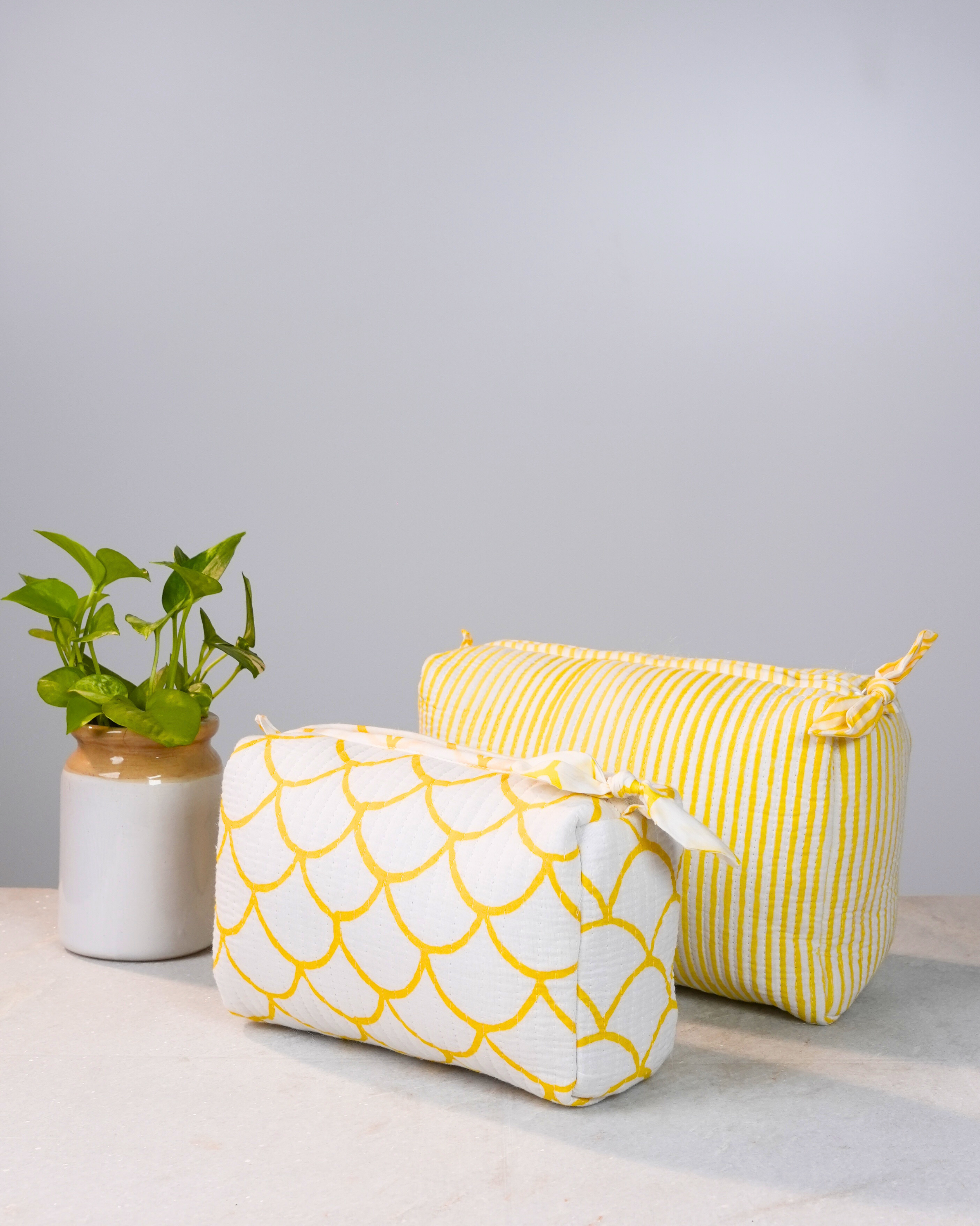 Yellow Scallop & Striped Handblock Pouch Set