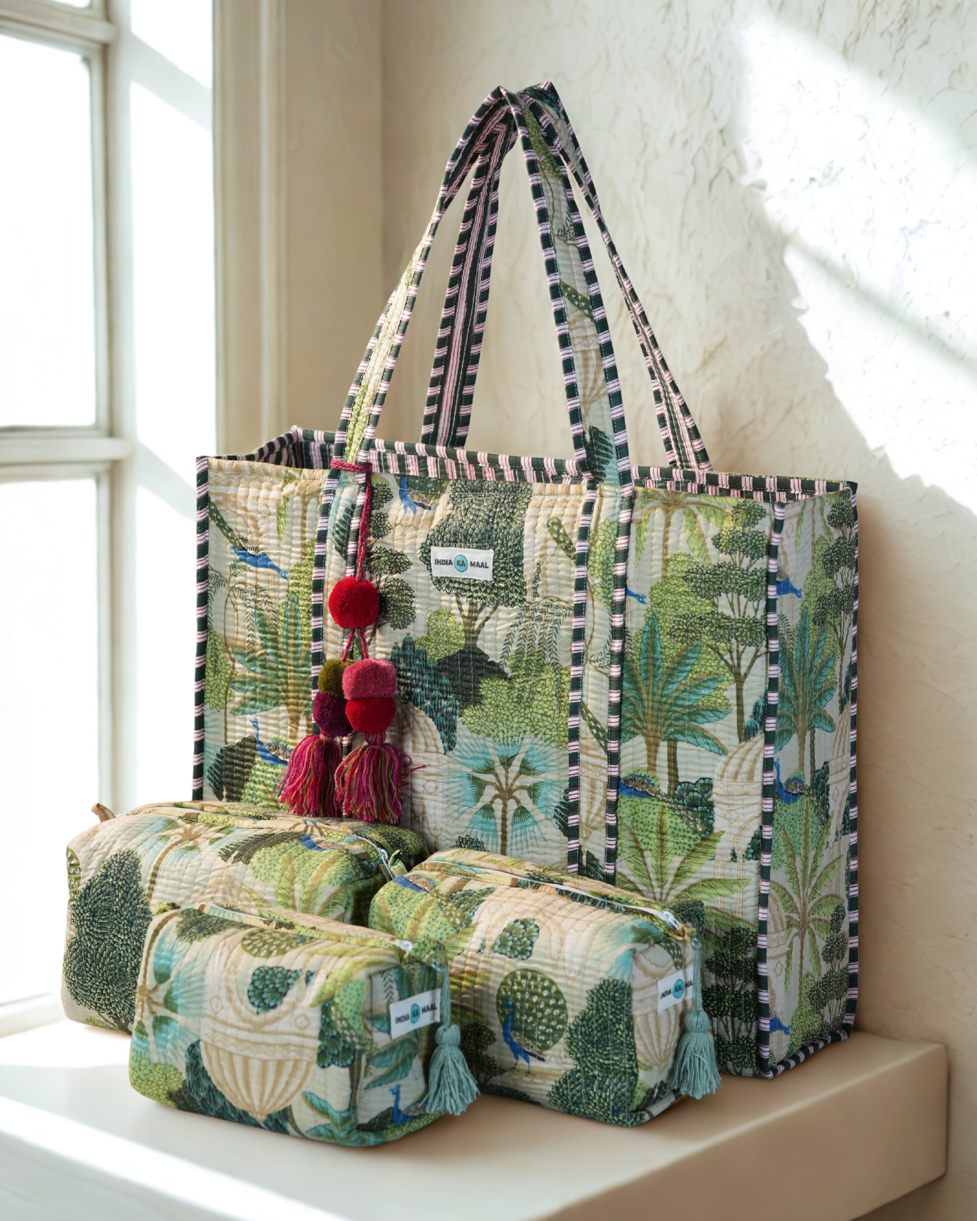 Hand Block Print Quilted Tote with 3 Matching Pouches (White and Green)