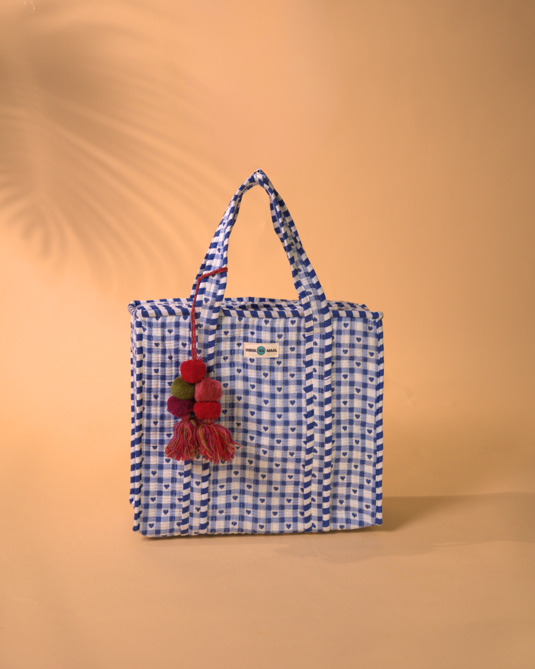 Hand Block Print Quilted Tote with Zipper - Blue Gingham & Heart (mini-Tote)