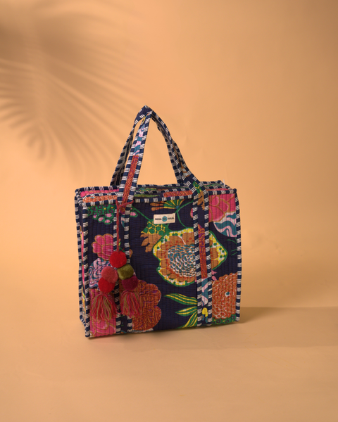 Hand Block Print Quilted Tote With Zipper - Nautical Blue & Floral Bloom (mini-Tote)