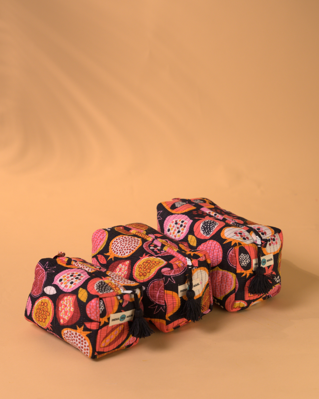 Handblock Quilted Pouch Set of 3 (Black and Pink)