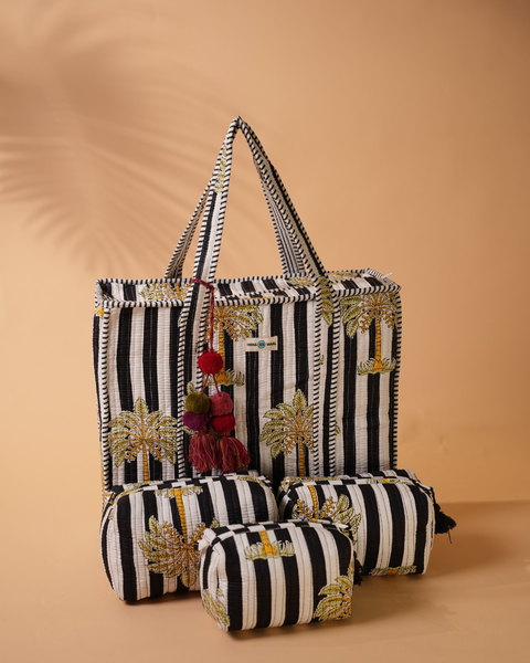 Handblock Print Quilted Tote With Zipper and 3 Matching Pouches- Black Stripe & Palm Print