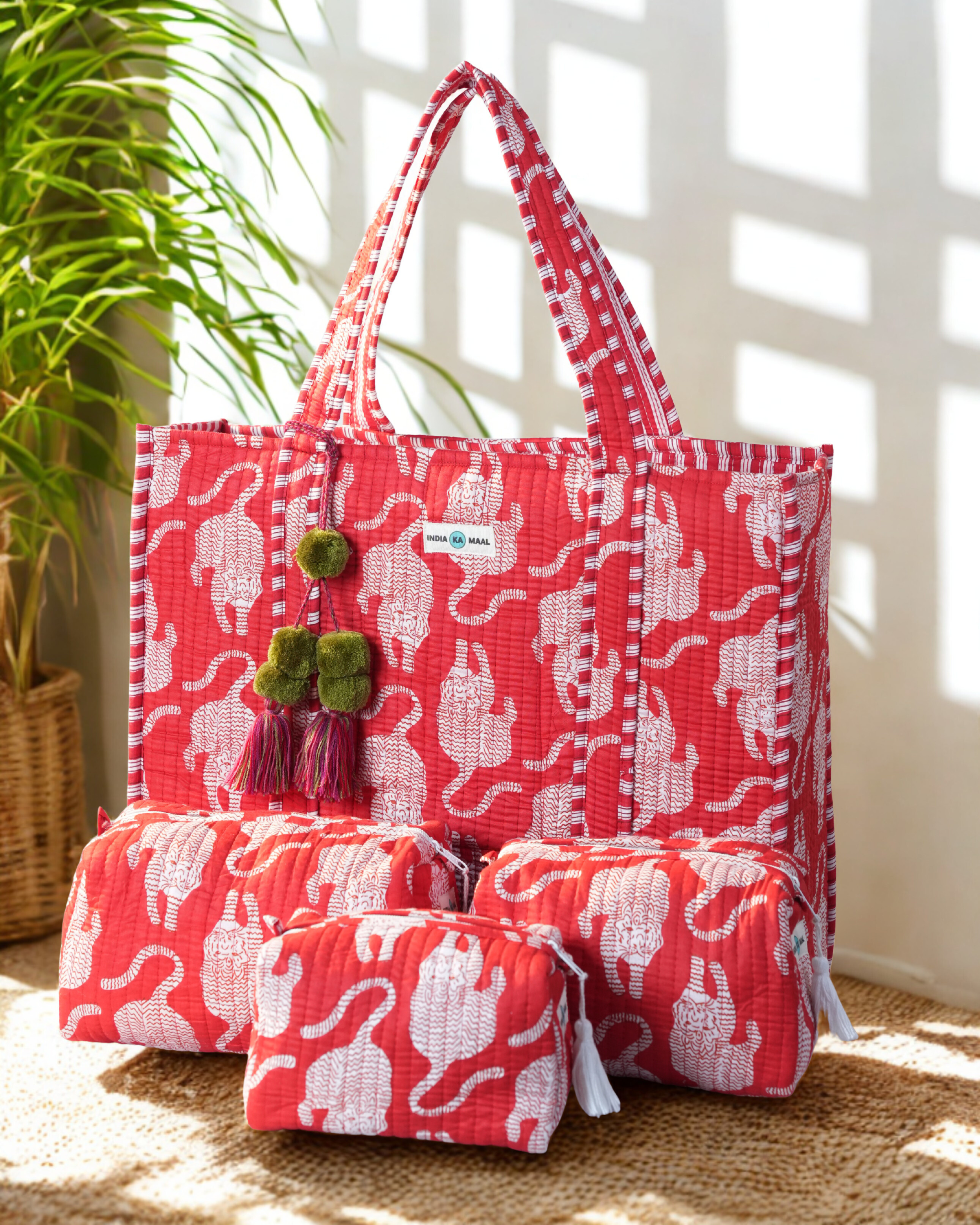 Hand Block Print Quilted Tote with 3 Matching Pouches (Red and White)