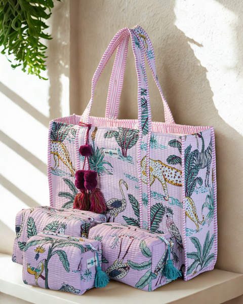 Hand Block Print Quilted Tote with 3 Matching Pouches (Pink and Green)