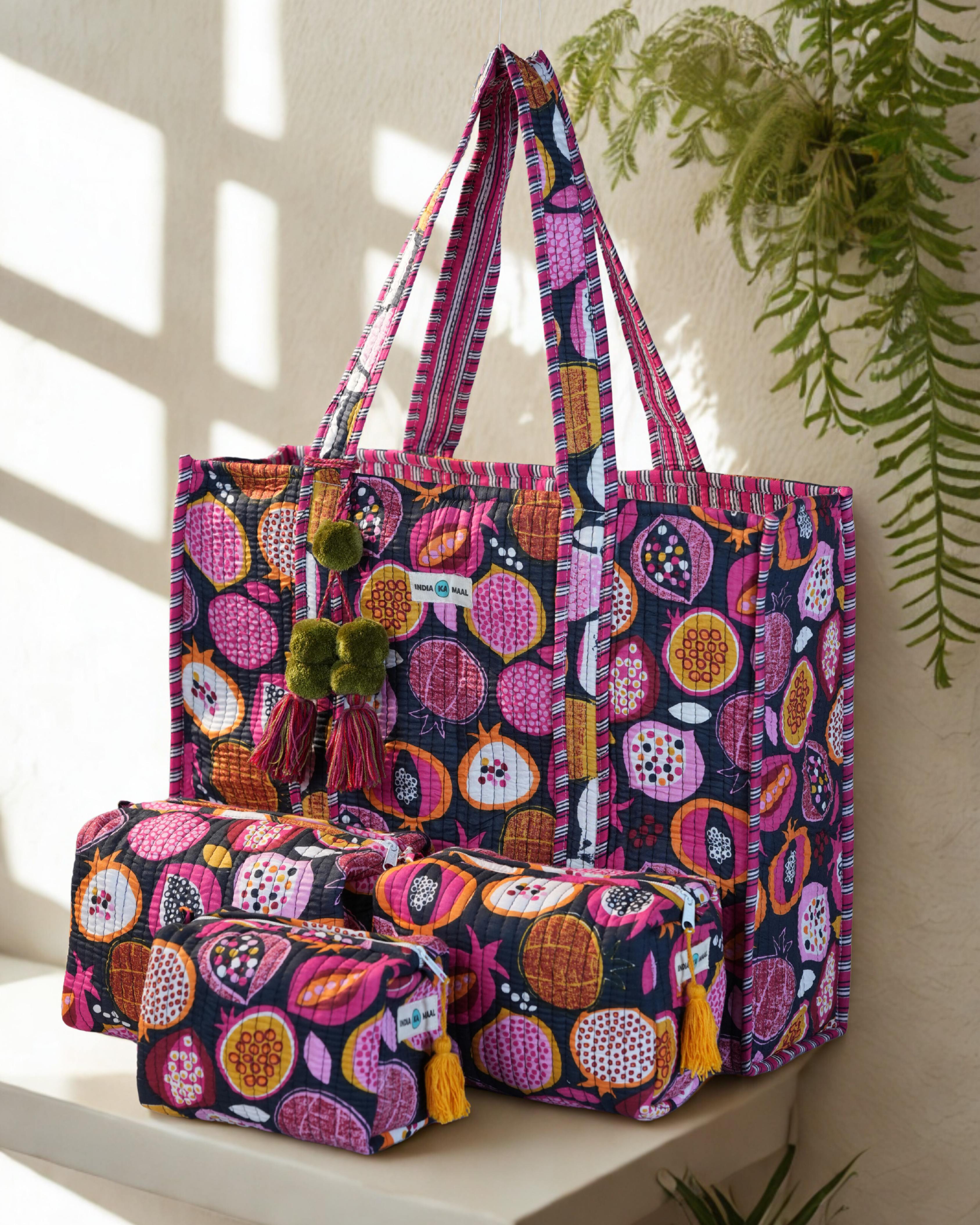 Hand Block Print Quilted Tote with 3 Matching Pouches (Black and Pink)