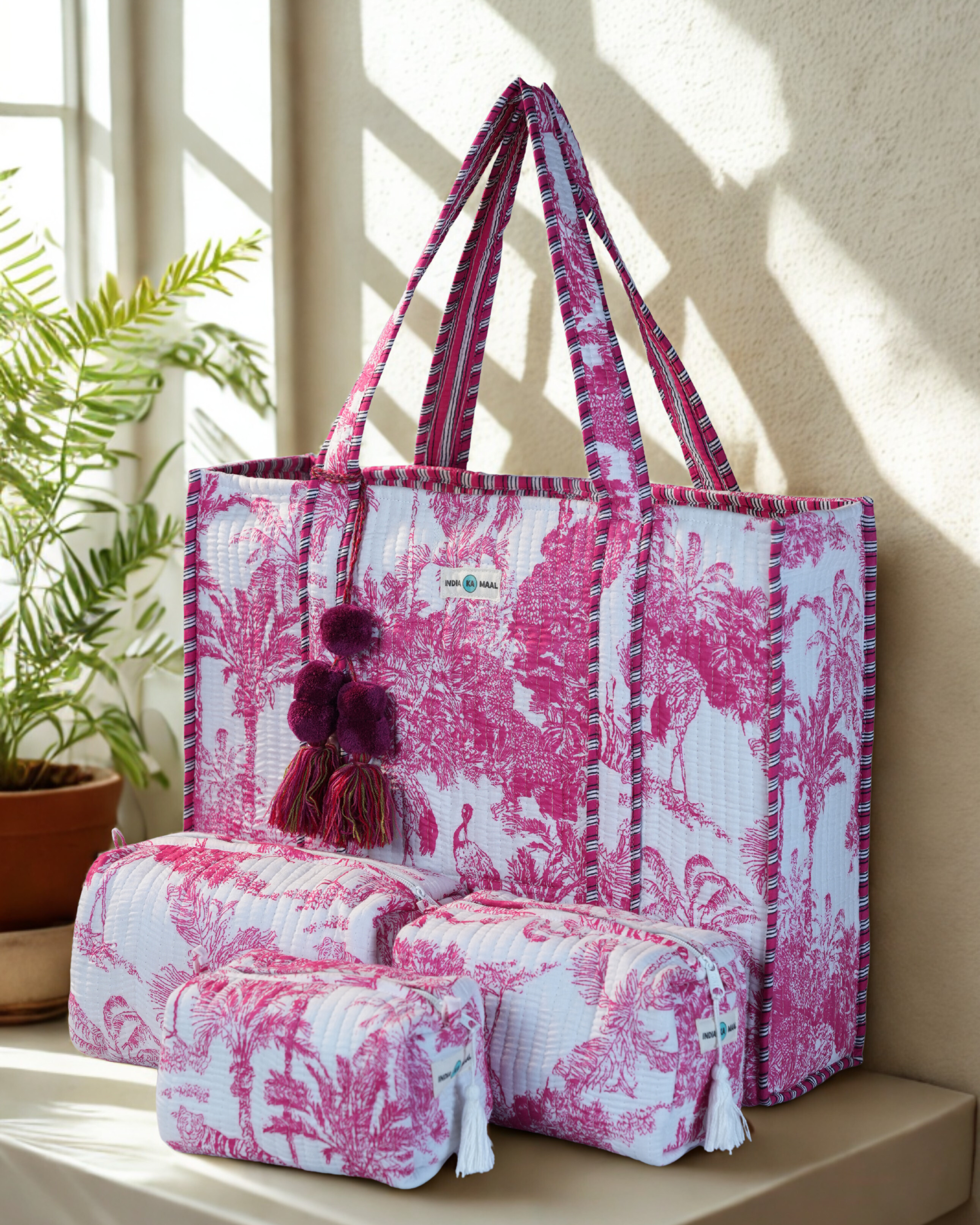 Hand Block Print Quilted Tote with 3 Matching Pouches (White and Pink)