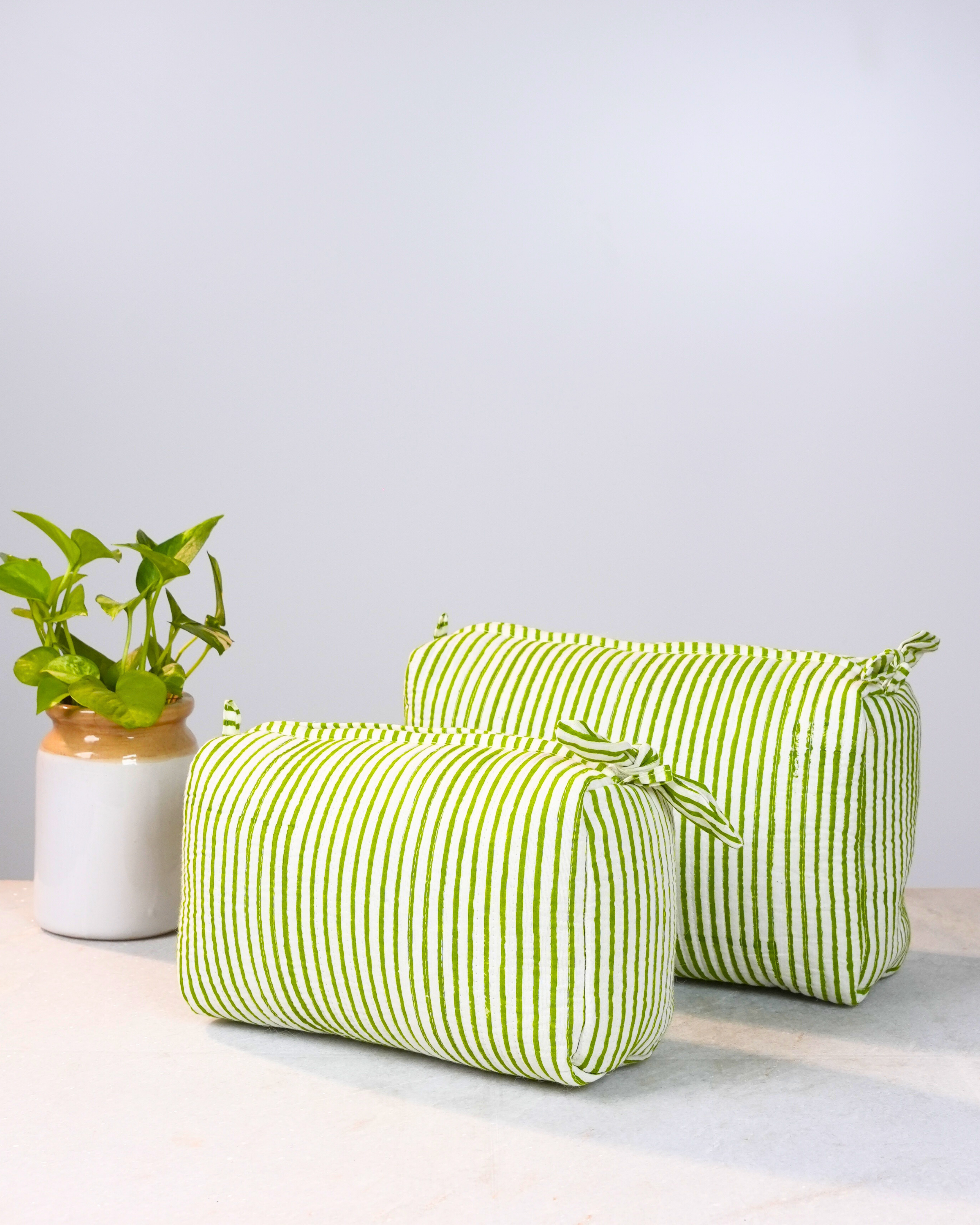 Green Striped Handblock Pouch Set