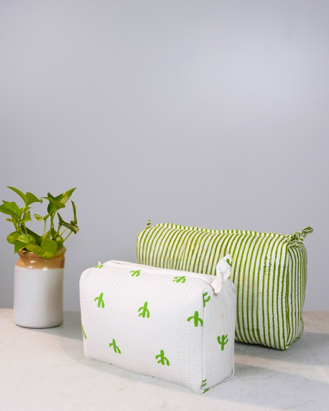 Green Cactus & Striped Handblock Pouch Set