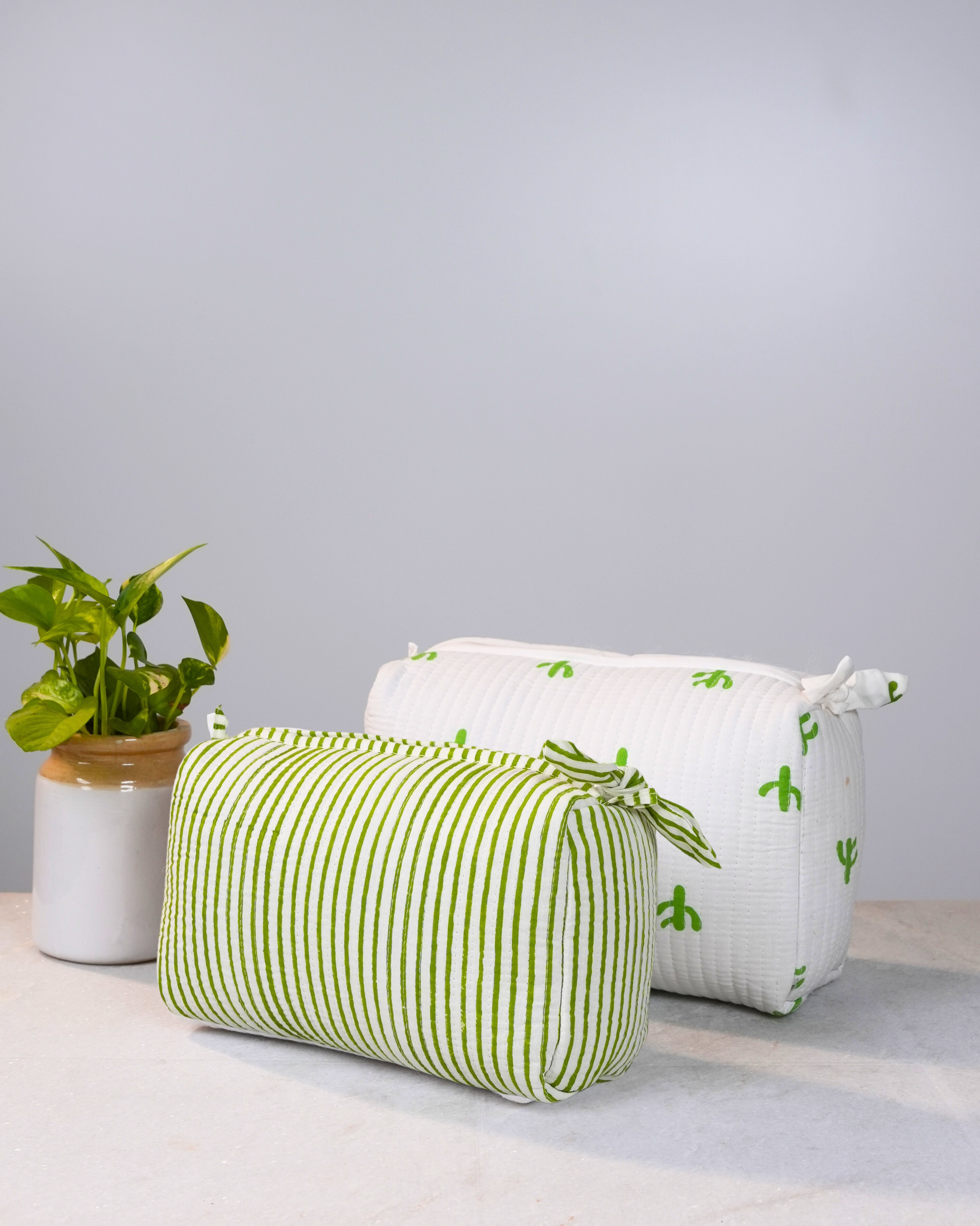 Green Striped & Cactus Handblock Pouch Set