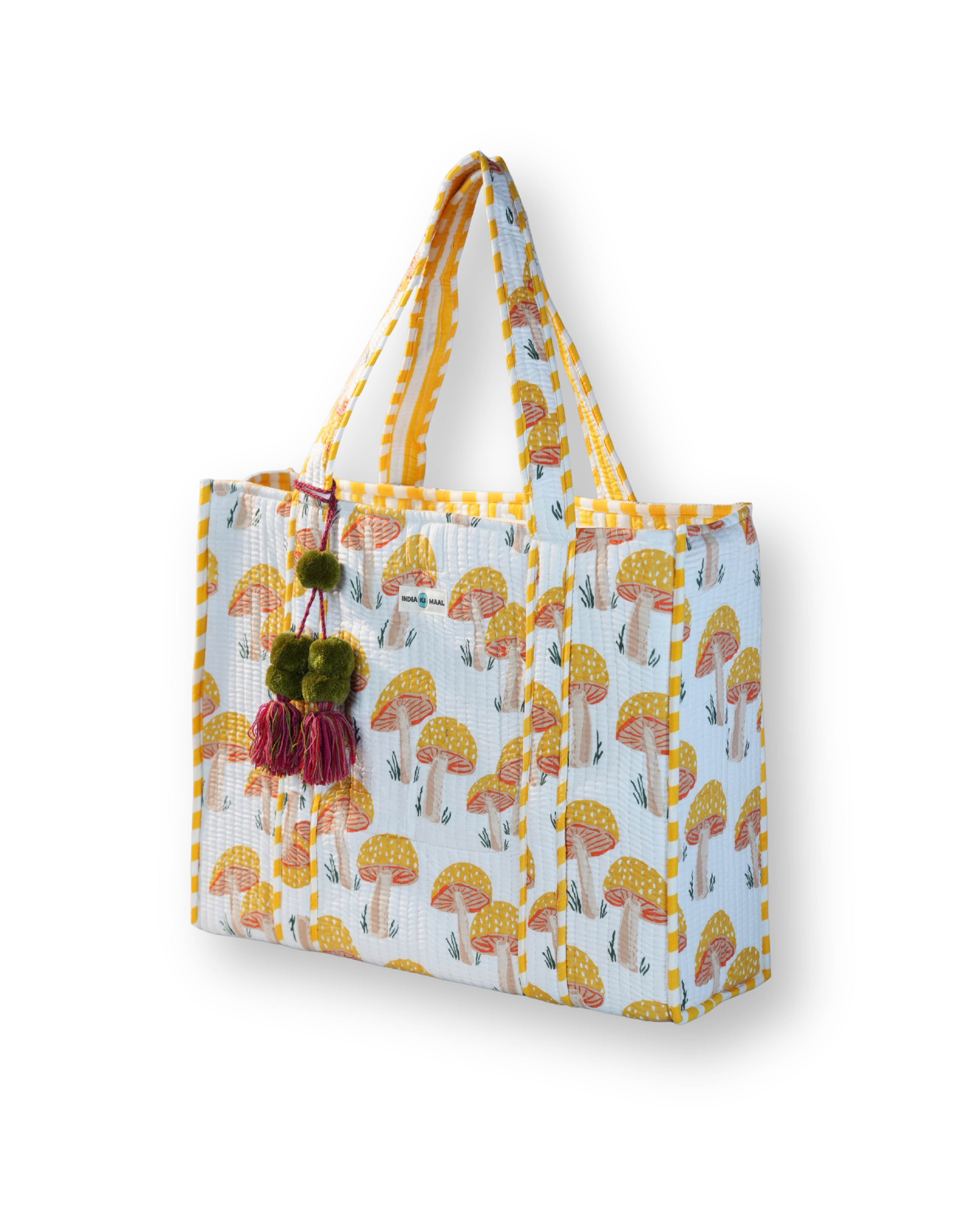 Hand Block Print Quilted Tote (White and Yellow)