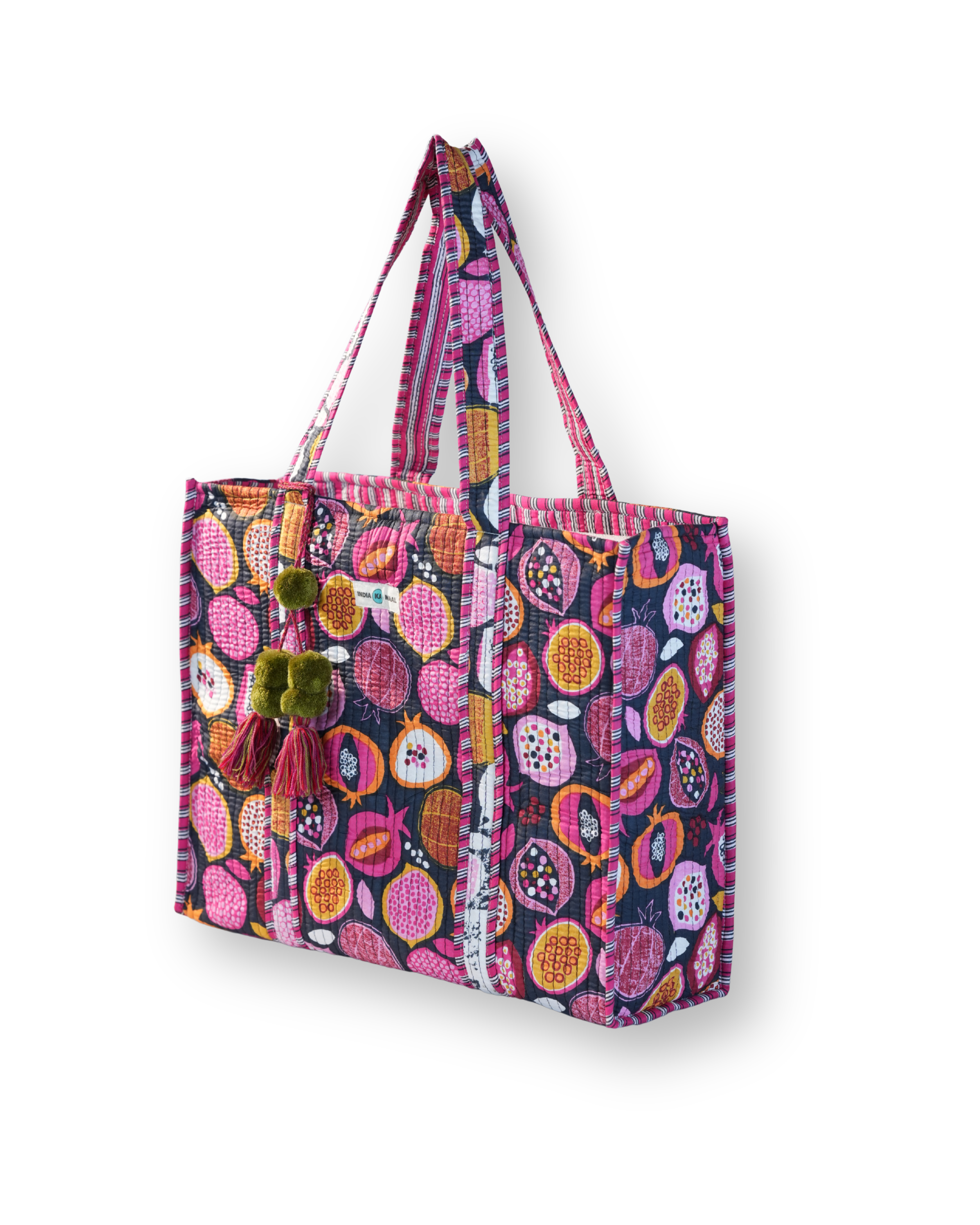Hand Block Print Quilted Tote (Black and Pink)