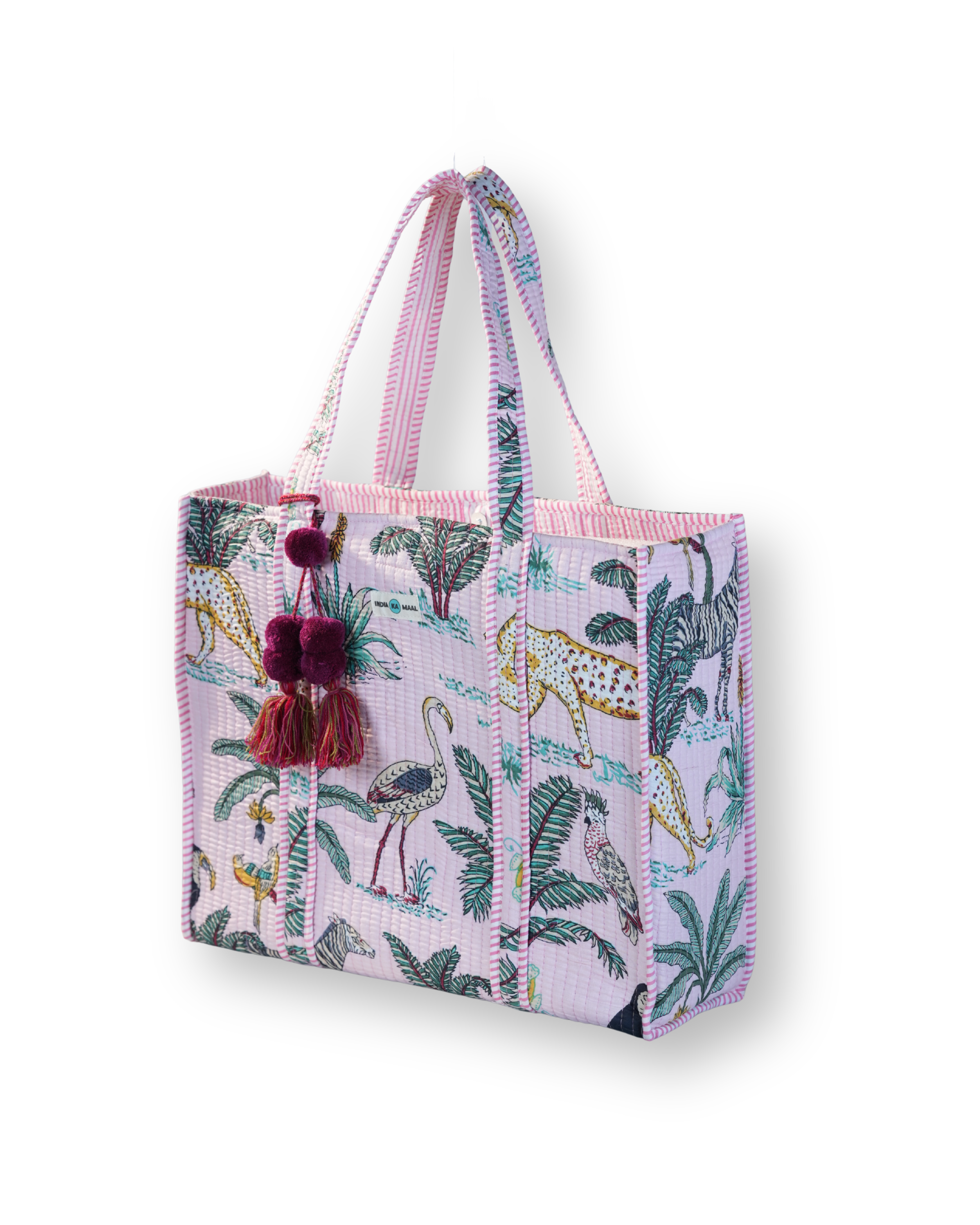 Hand Block Print Quilted Tote (Pink and Green)