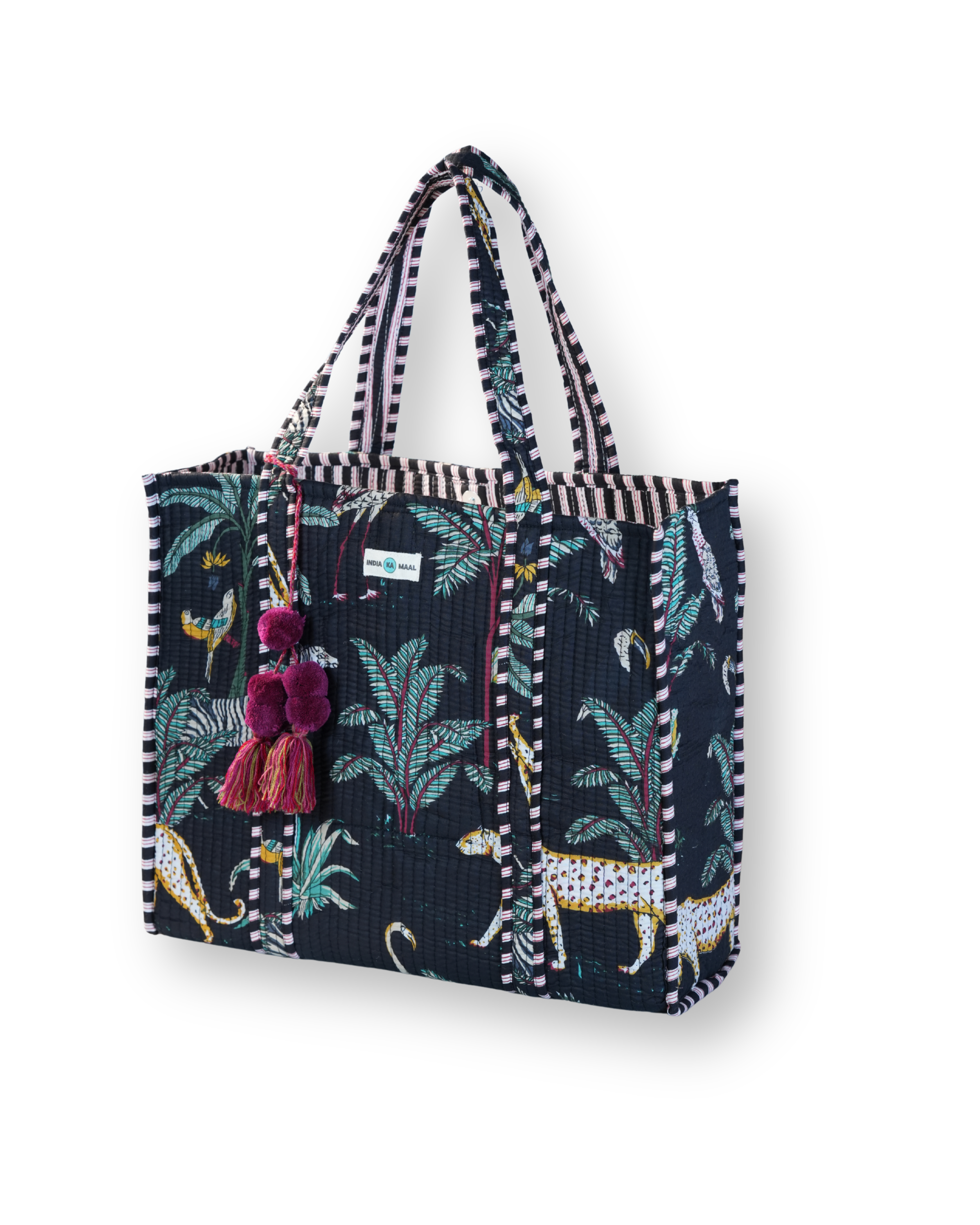 Hand Block Print Quilted Tote (Black and Green)