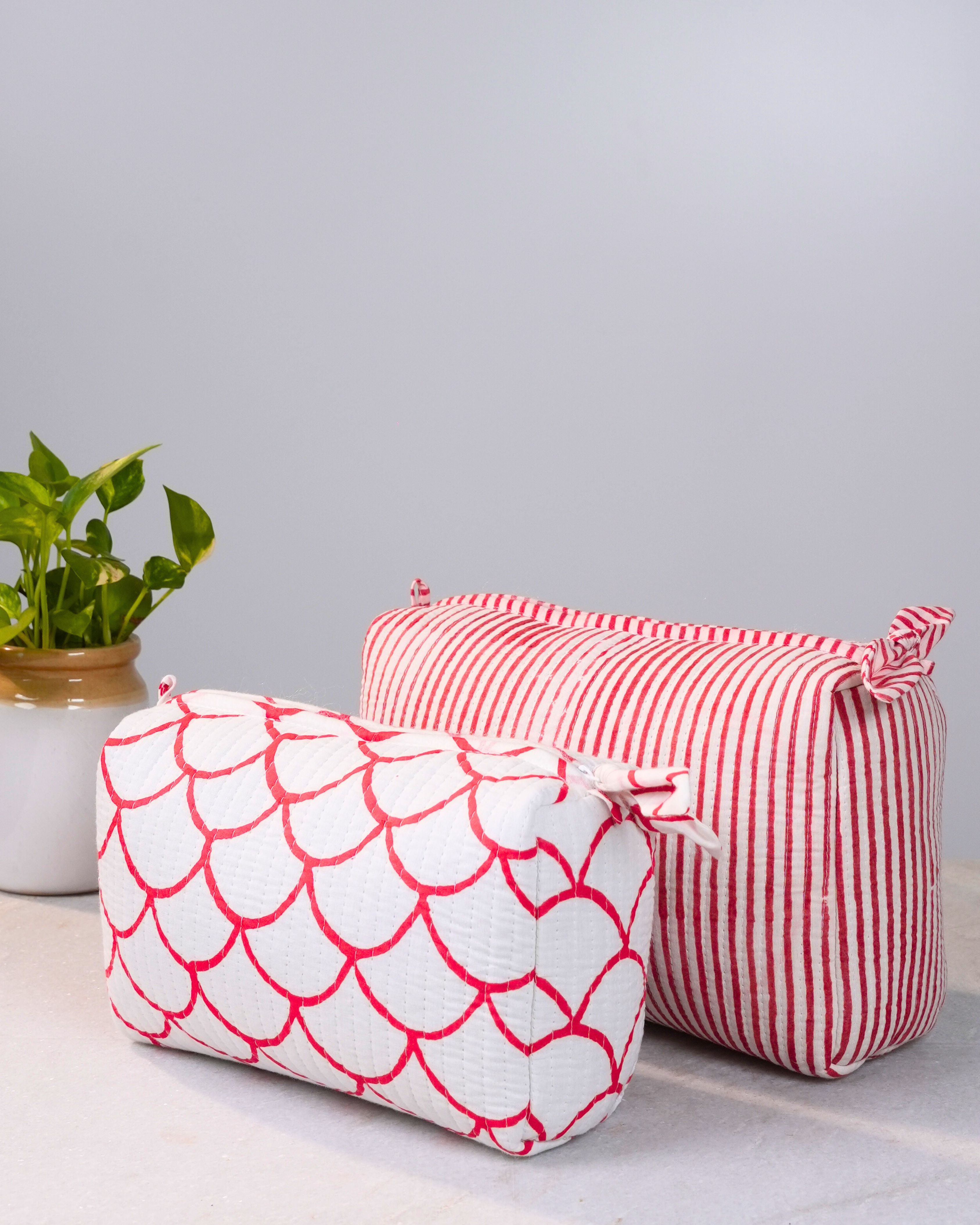 Red Scallop & Striped Handblock Pouch Set