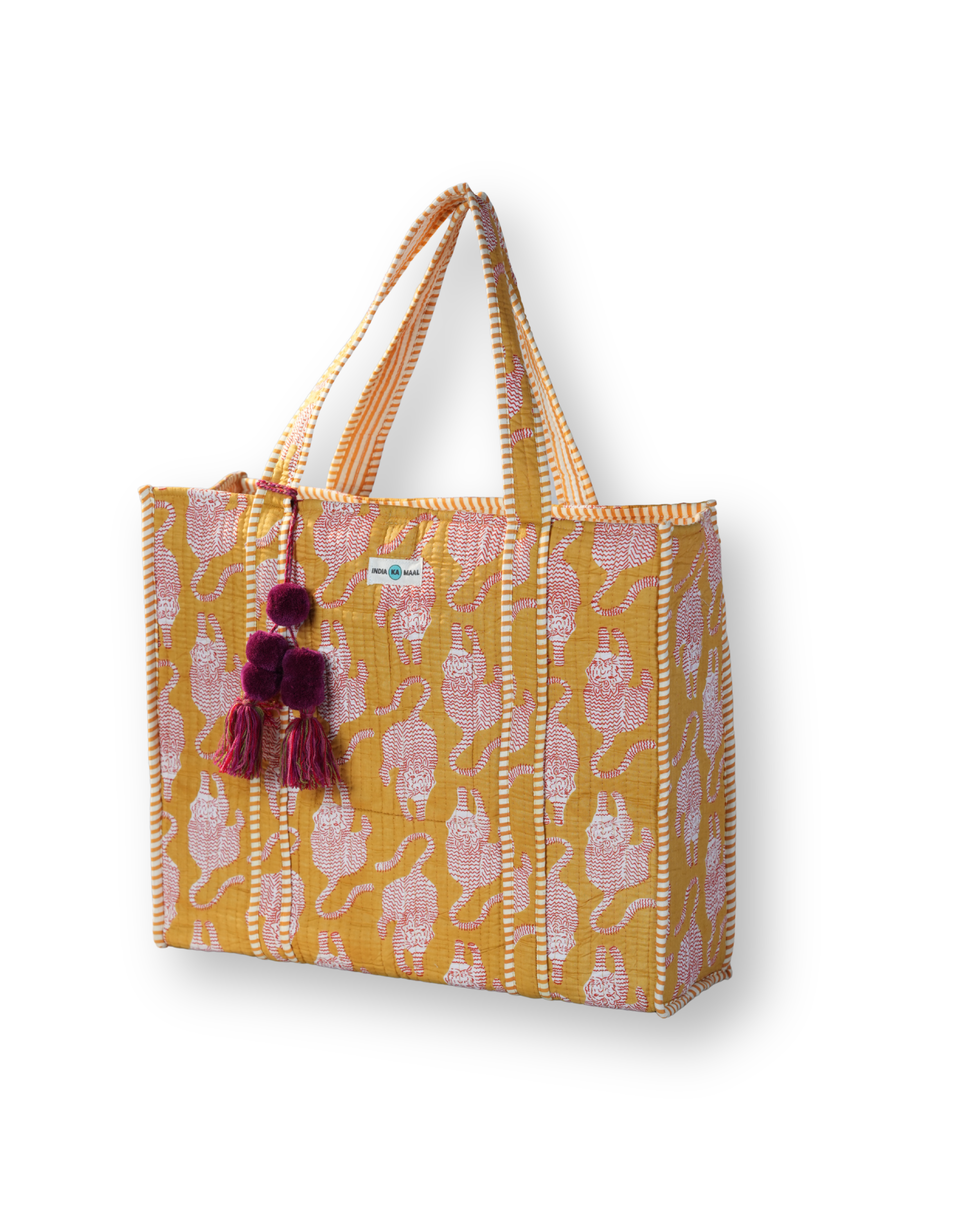 Hand Block Print Quilted Tote (Mustard and White)