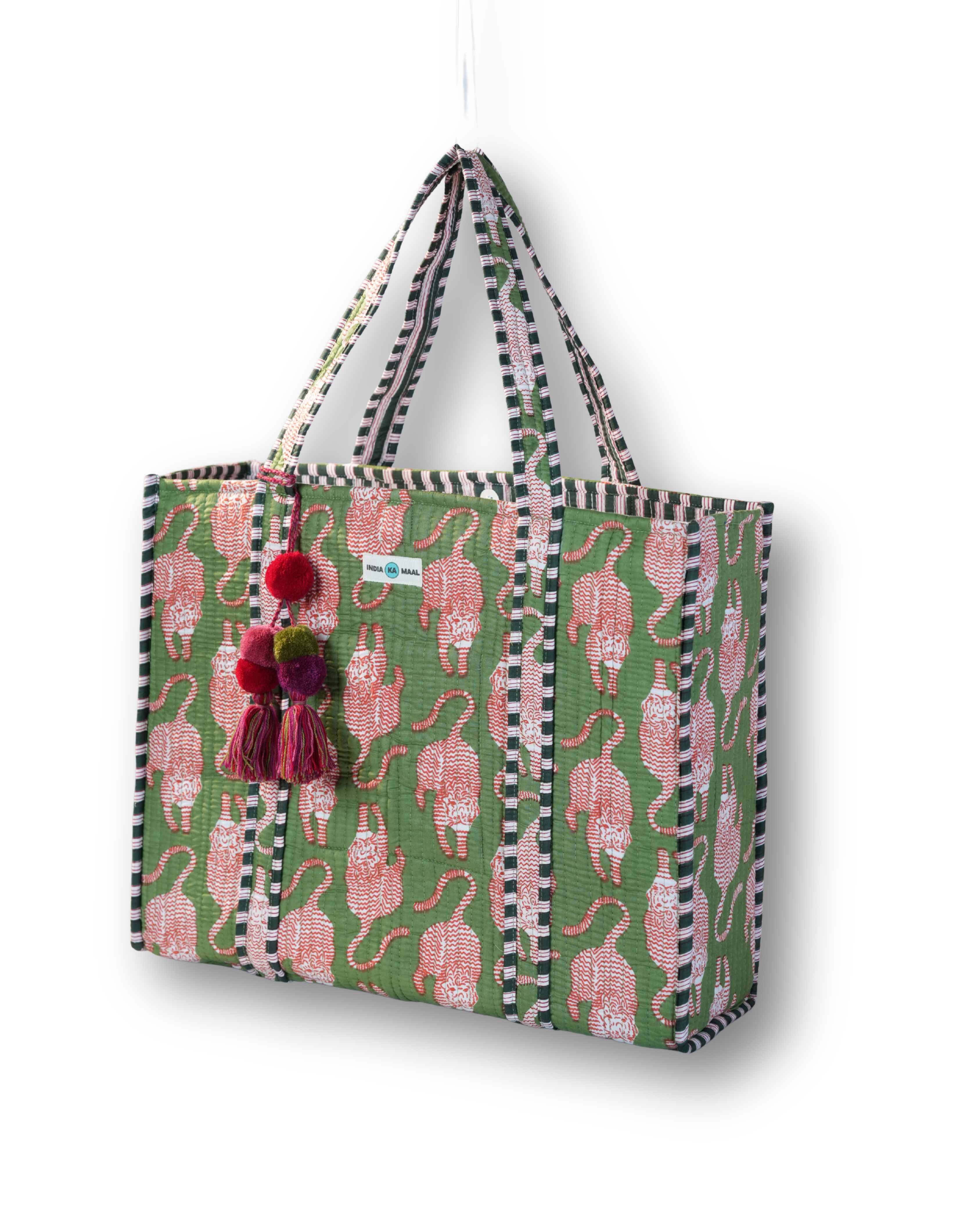 Hand Block Print Quilted Tote (Green and Red)