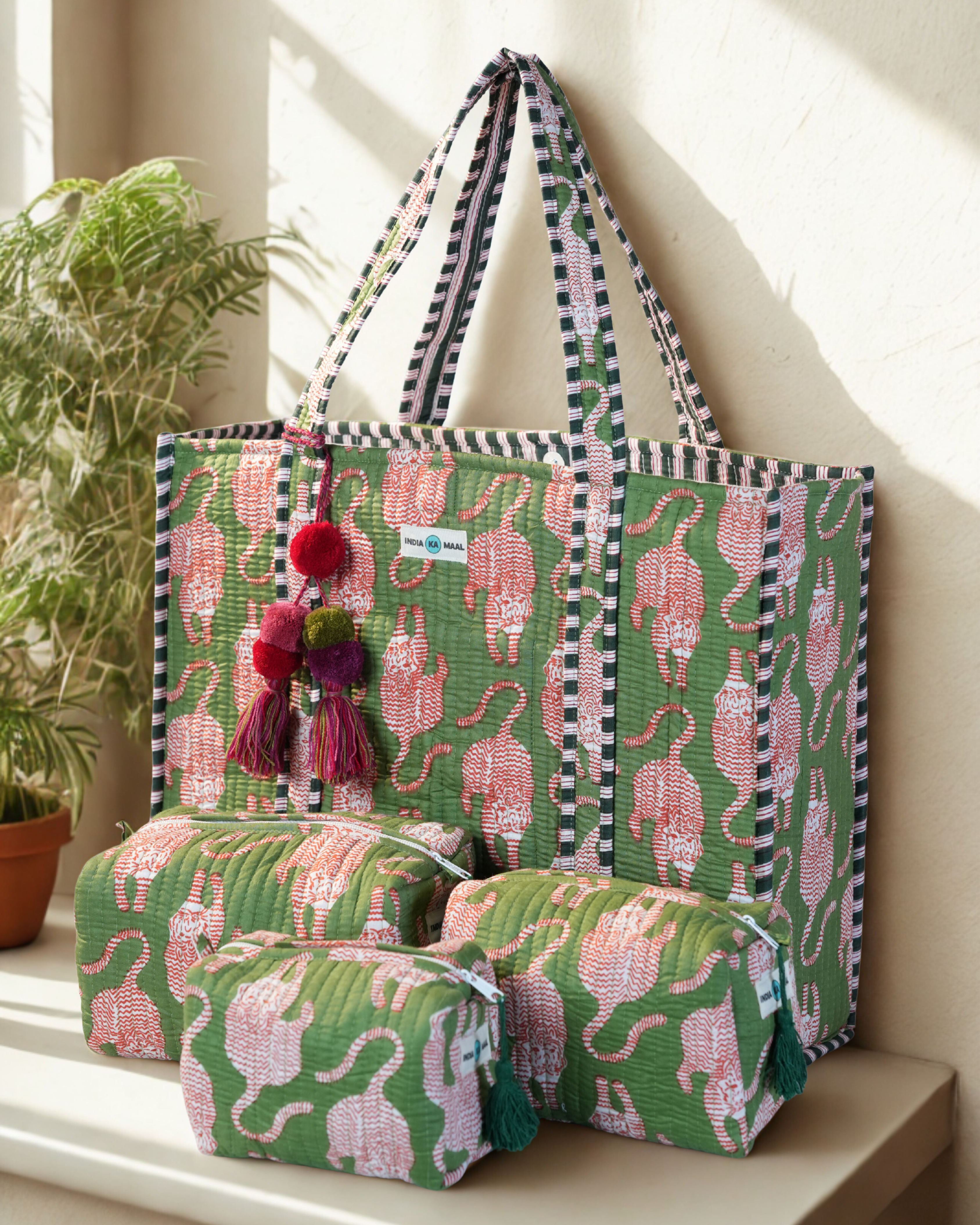 Hand Block Print Quilted Tote with 3 Matching Pouches (Green and Red)