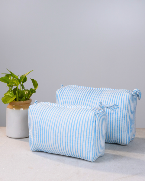 Sky Blue Stripped Handblock Pouch Set