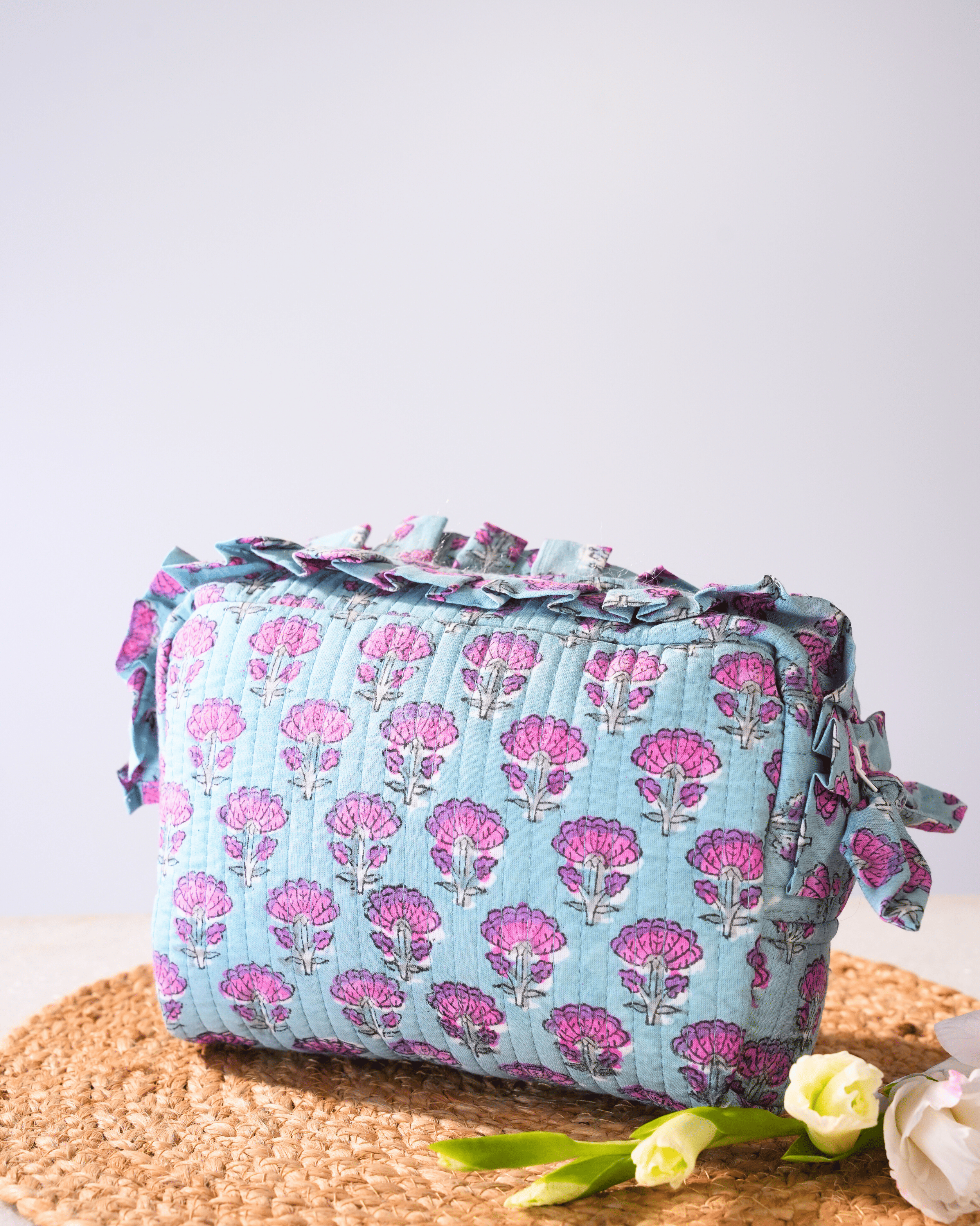 Blue & Pink Floral Quilted Pouch