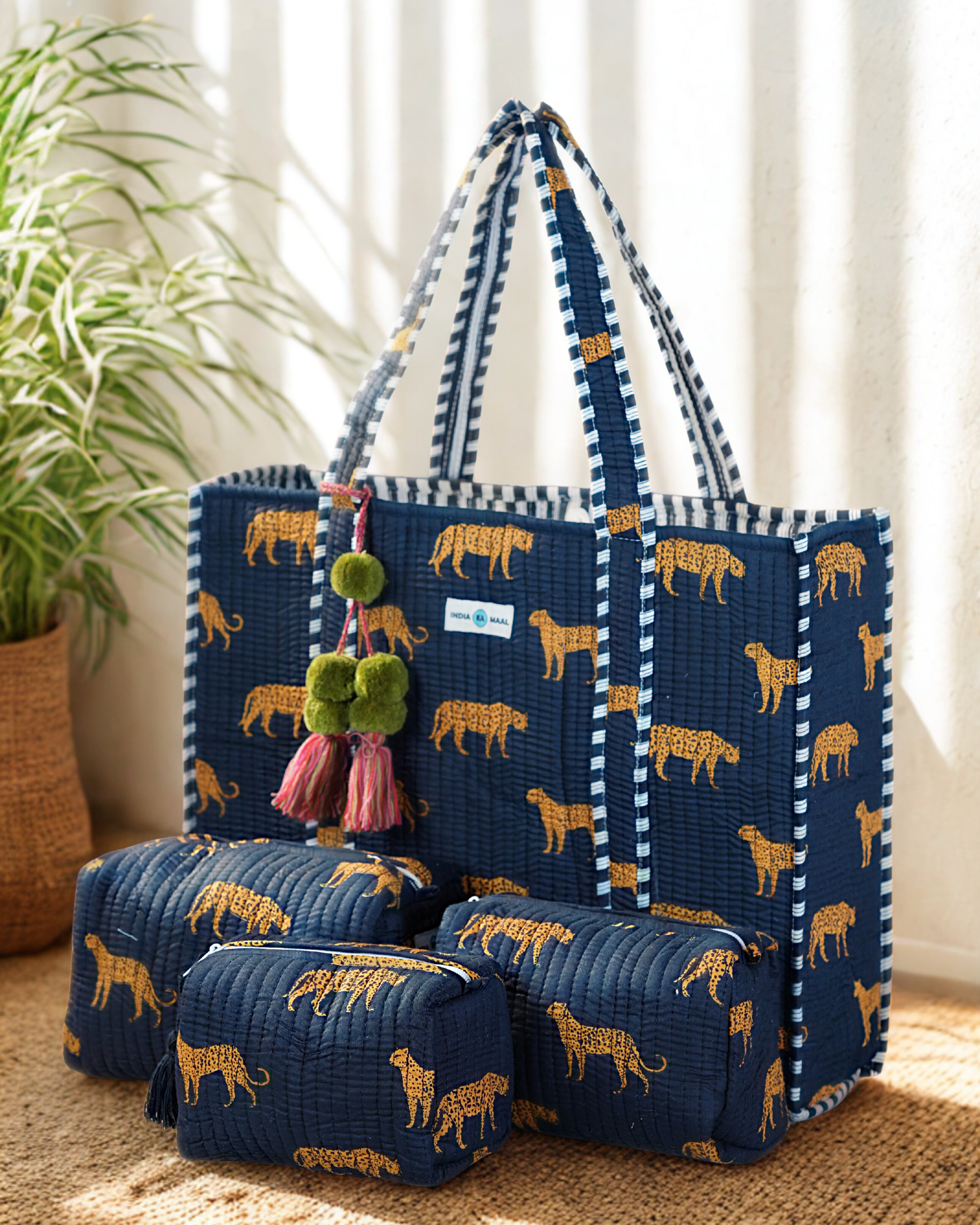 Hand Block Print Quilted Tote with 3 Matching Pouches (Black and Orange)