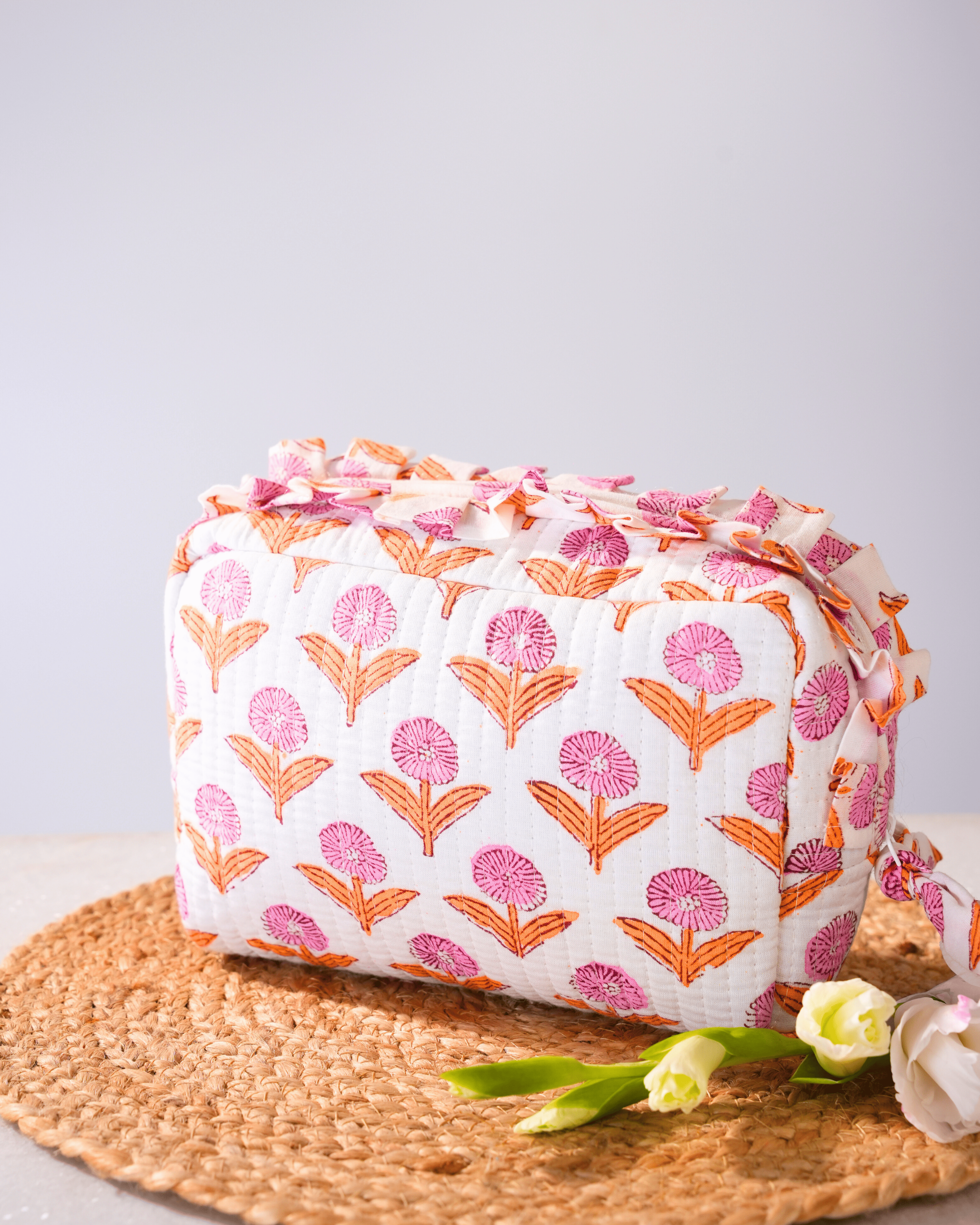 White & Pink Floral Quilted Pouch