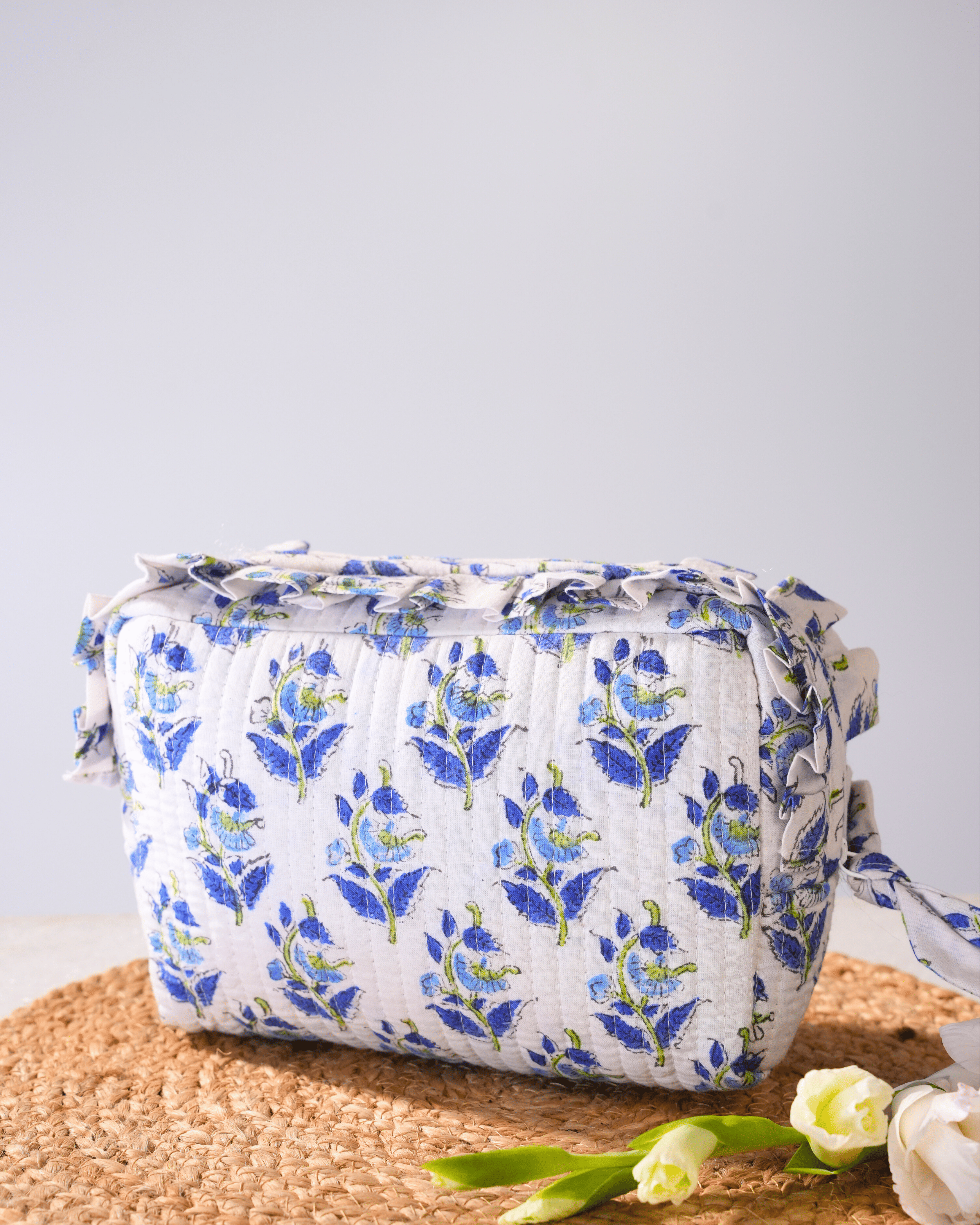 White & Blue Floral Quilted Pouch