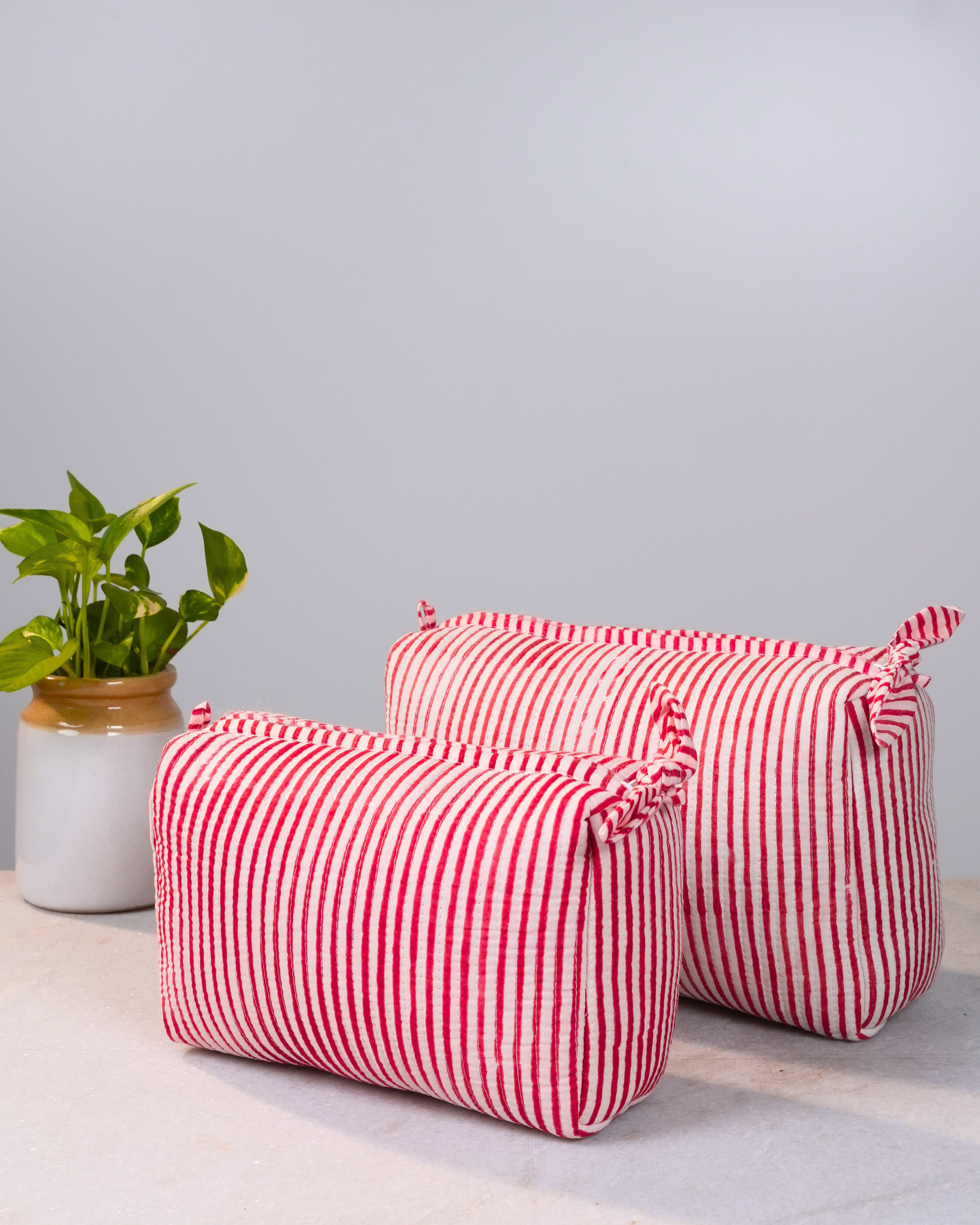 Red Striped Handblock Pouch Set