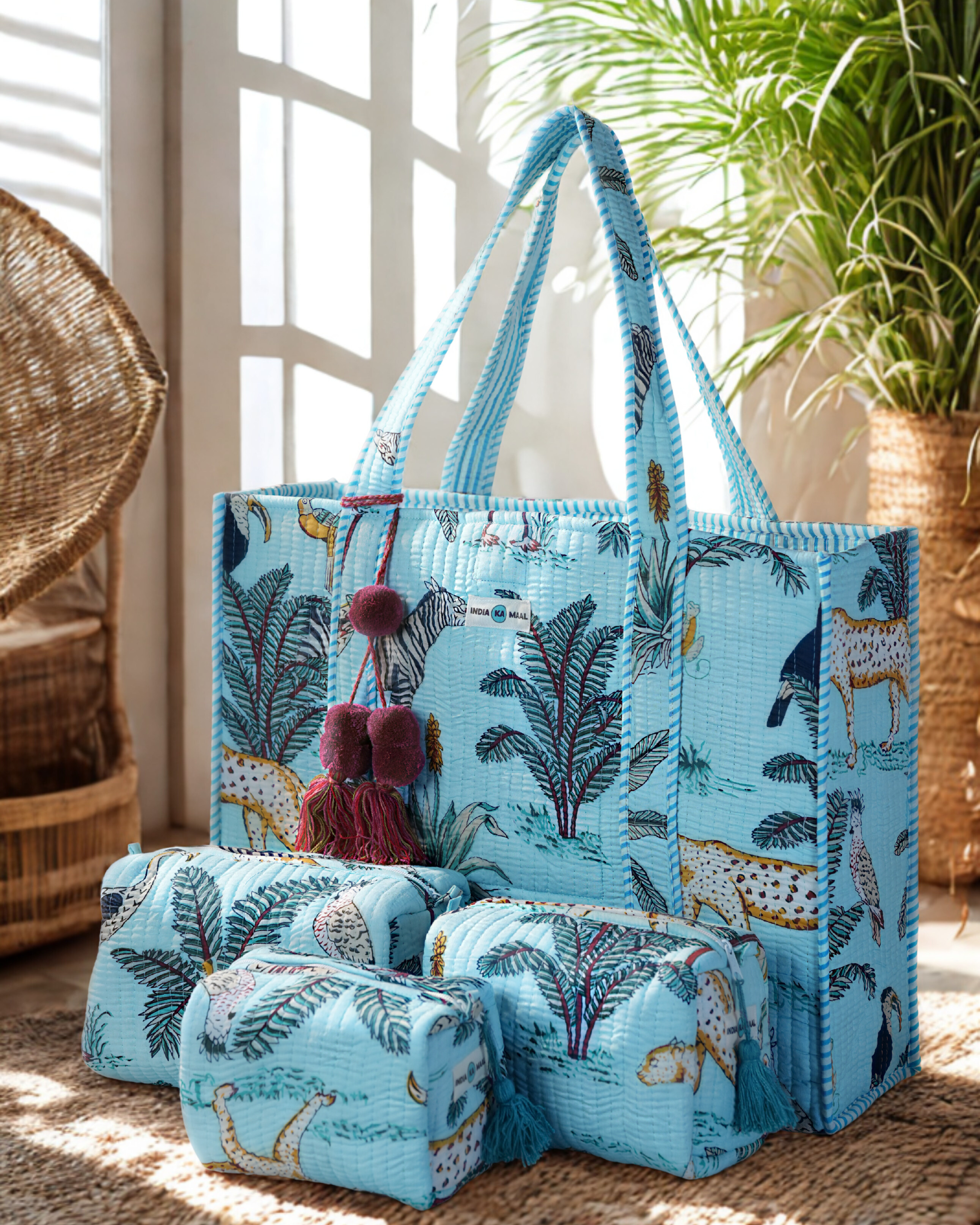 Hand Block Print Quilted Tote with 3 Matching Pouches (Blue and Green)