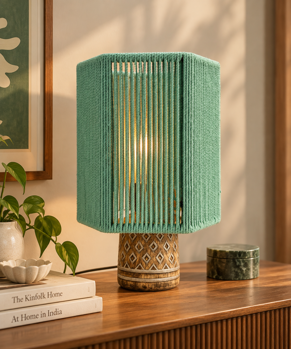 Turquoise Blue Rope Table Lamp with Wooden Base