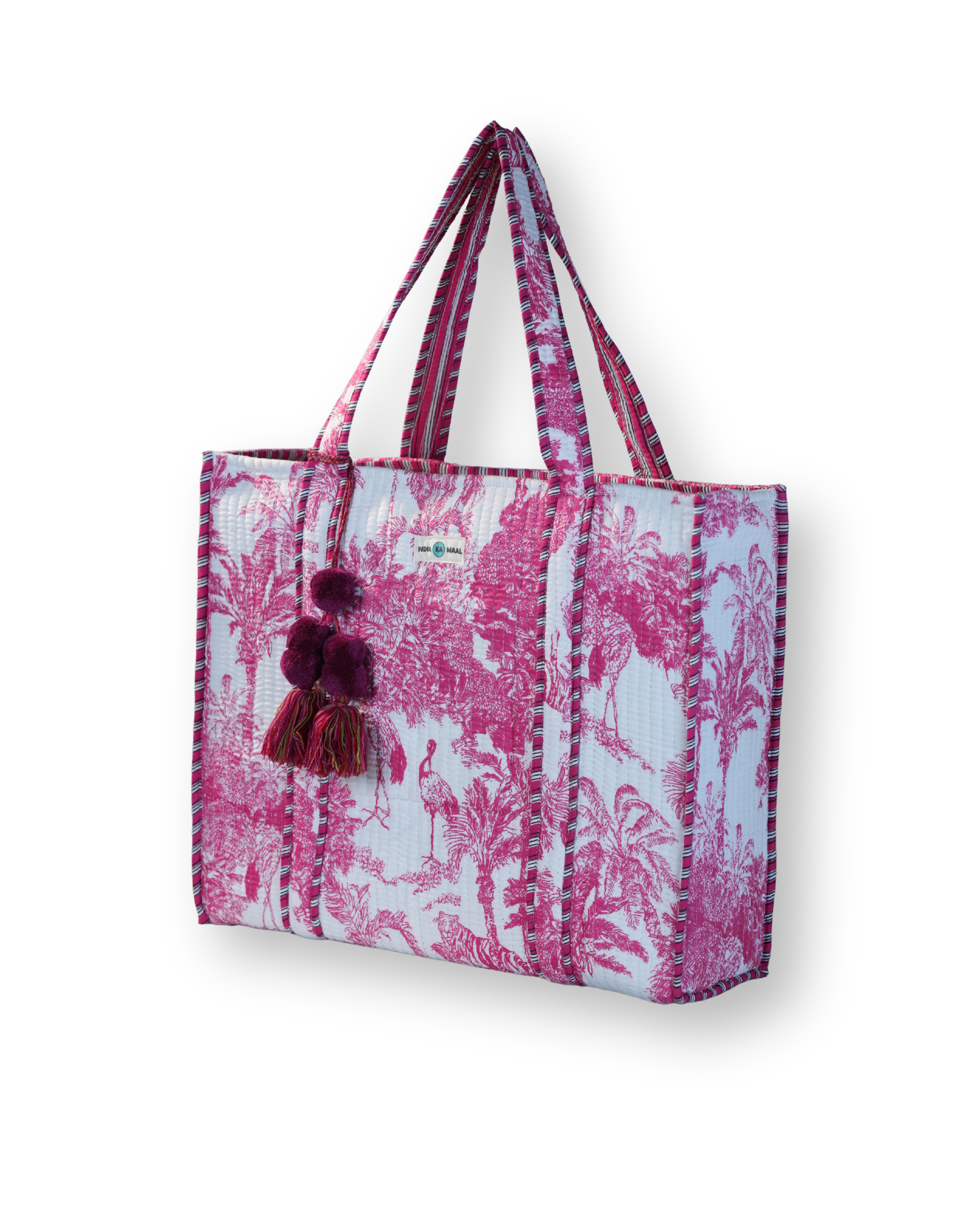 Hand Block Print Quilted Tote (White and Pink)