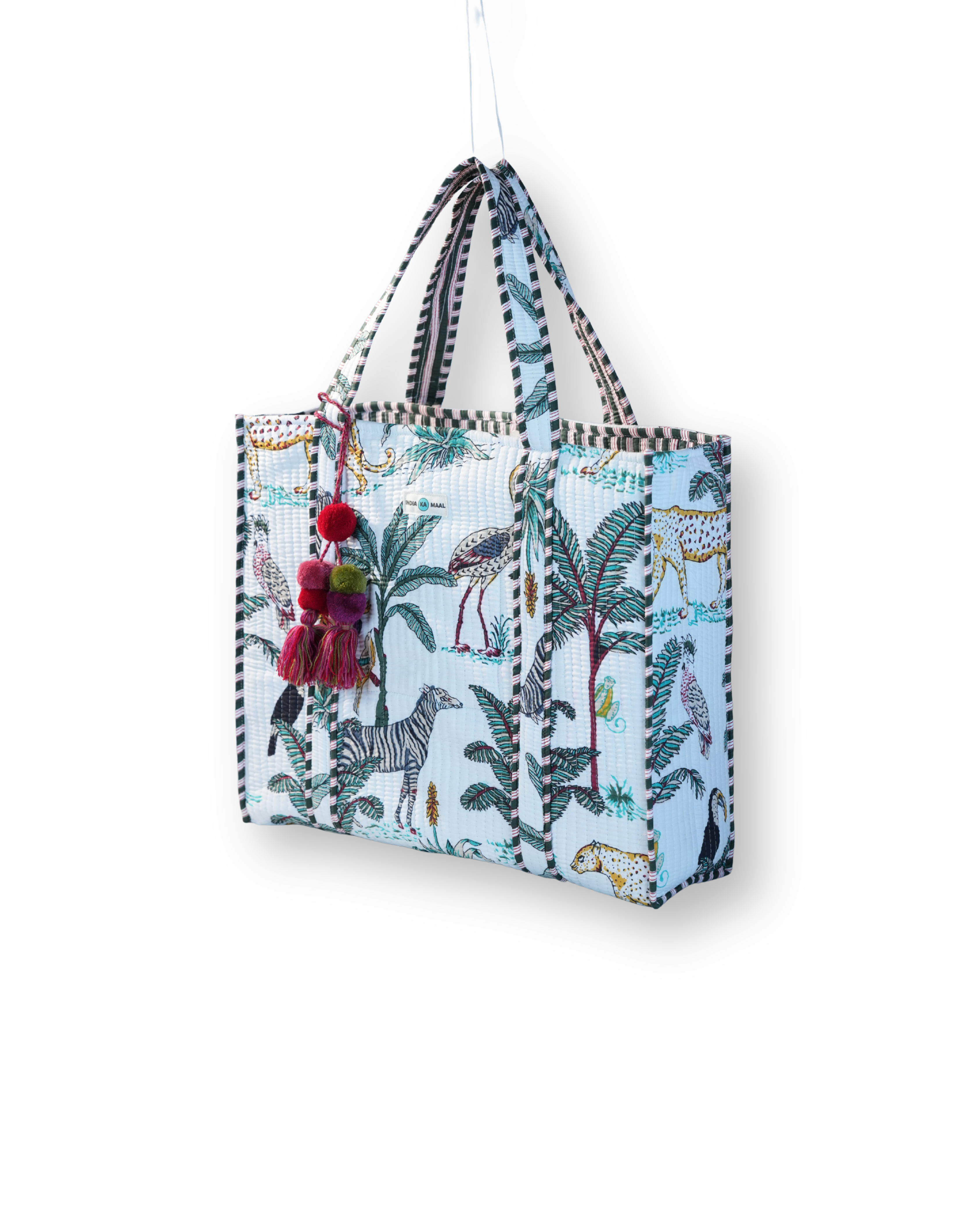 Hand Block Print Quilted Tote (White and Green)