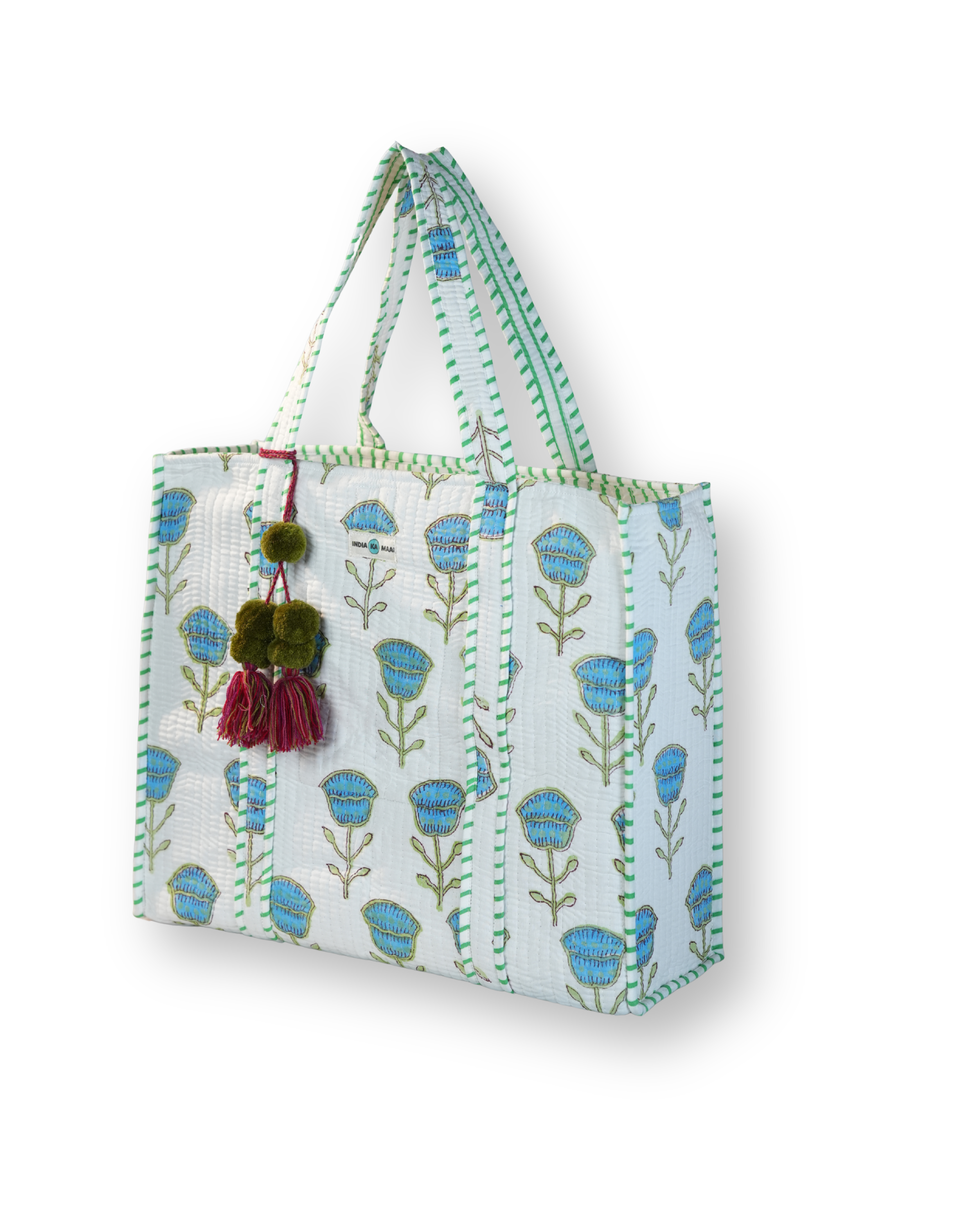 Hand Block Print Quilted Tote (White and Blue)