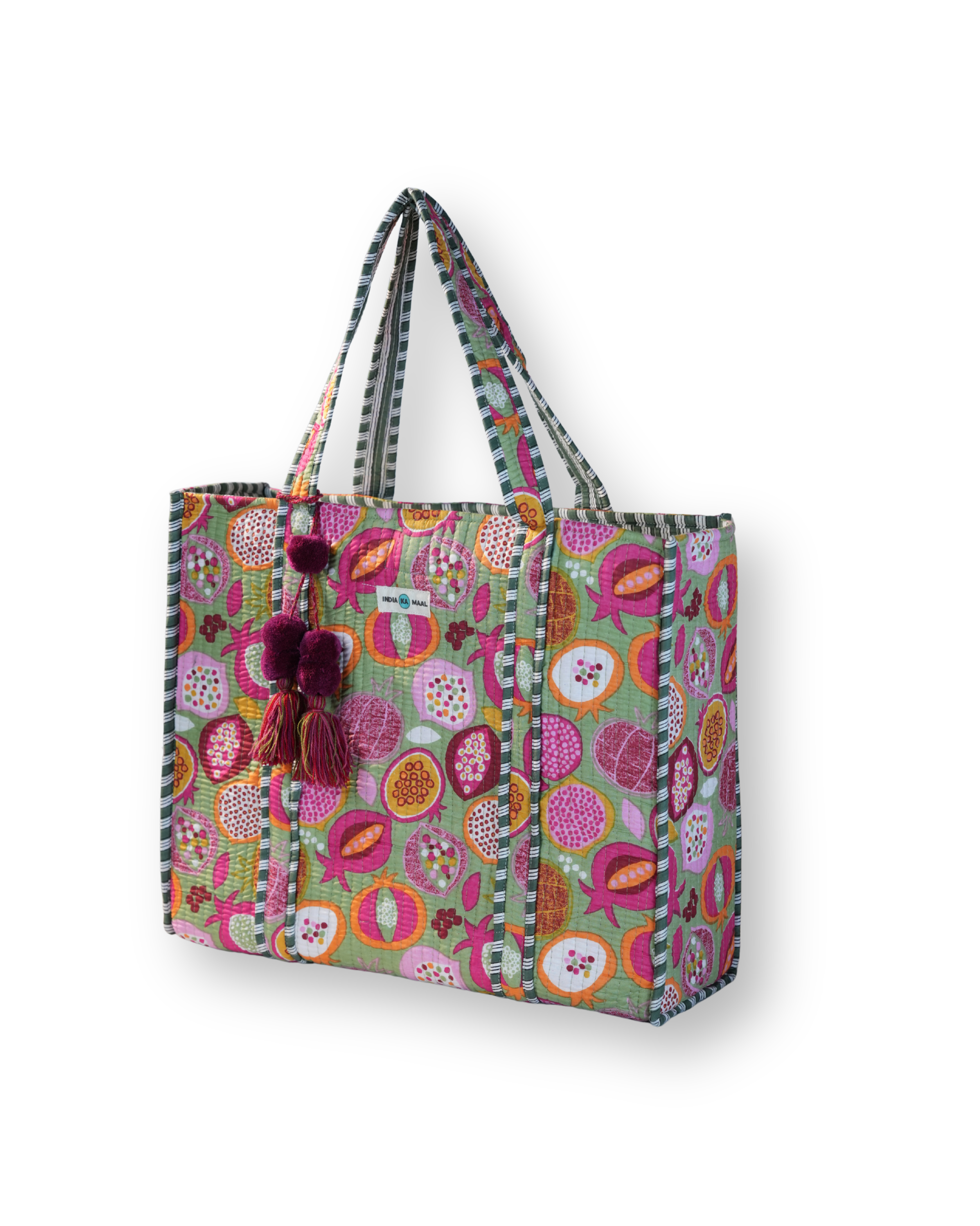 Hand Block Print Quilted Tote (Green and Pink)