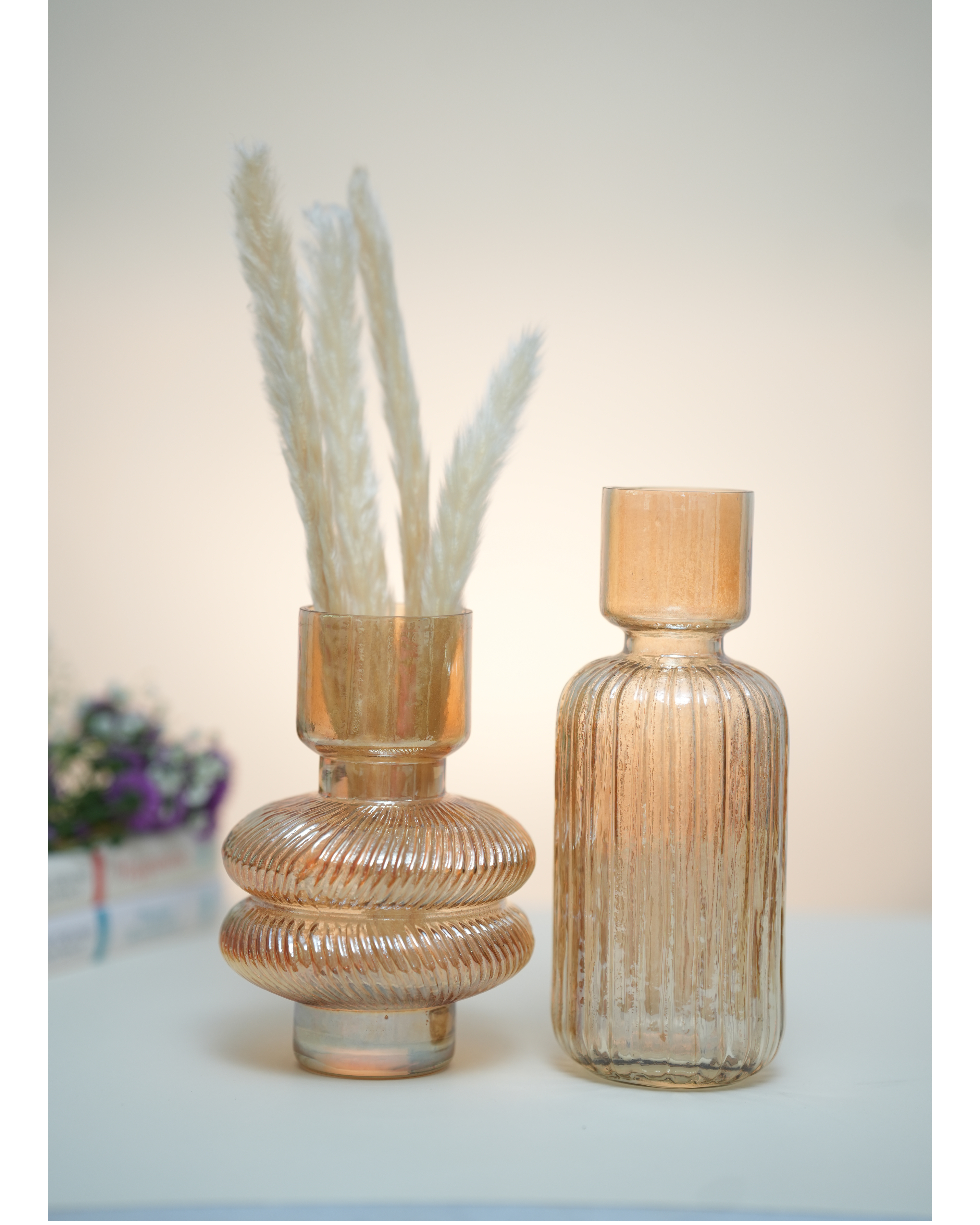 Golden Retro Ribbed Glass Vase Set