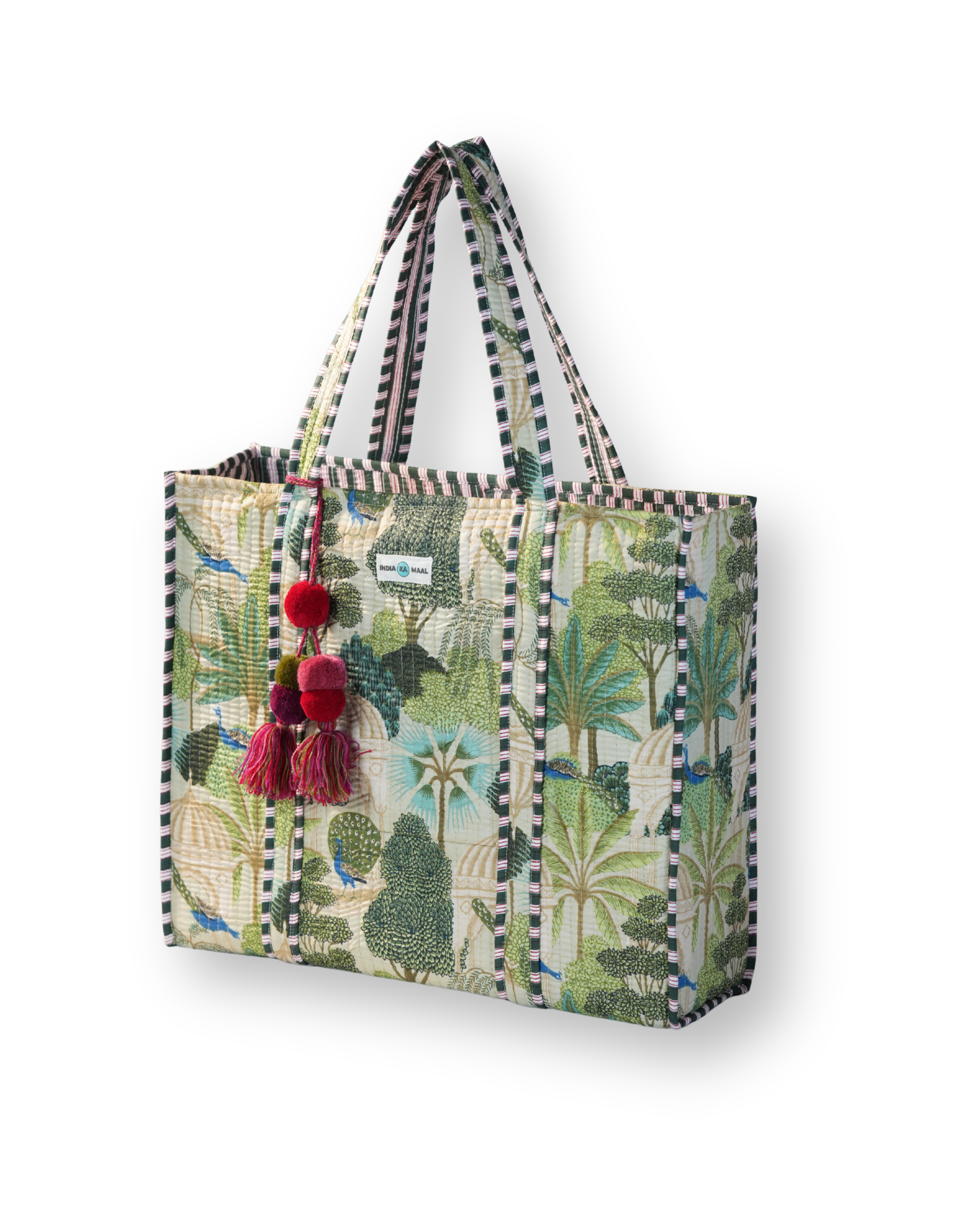 Hand Block Print Quilted Tote (White and Green)