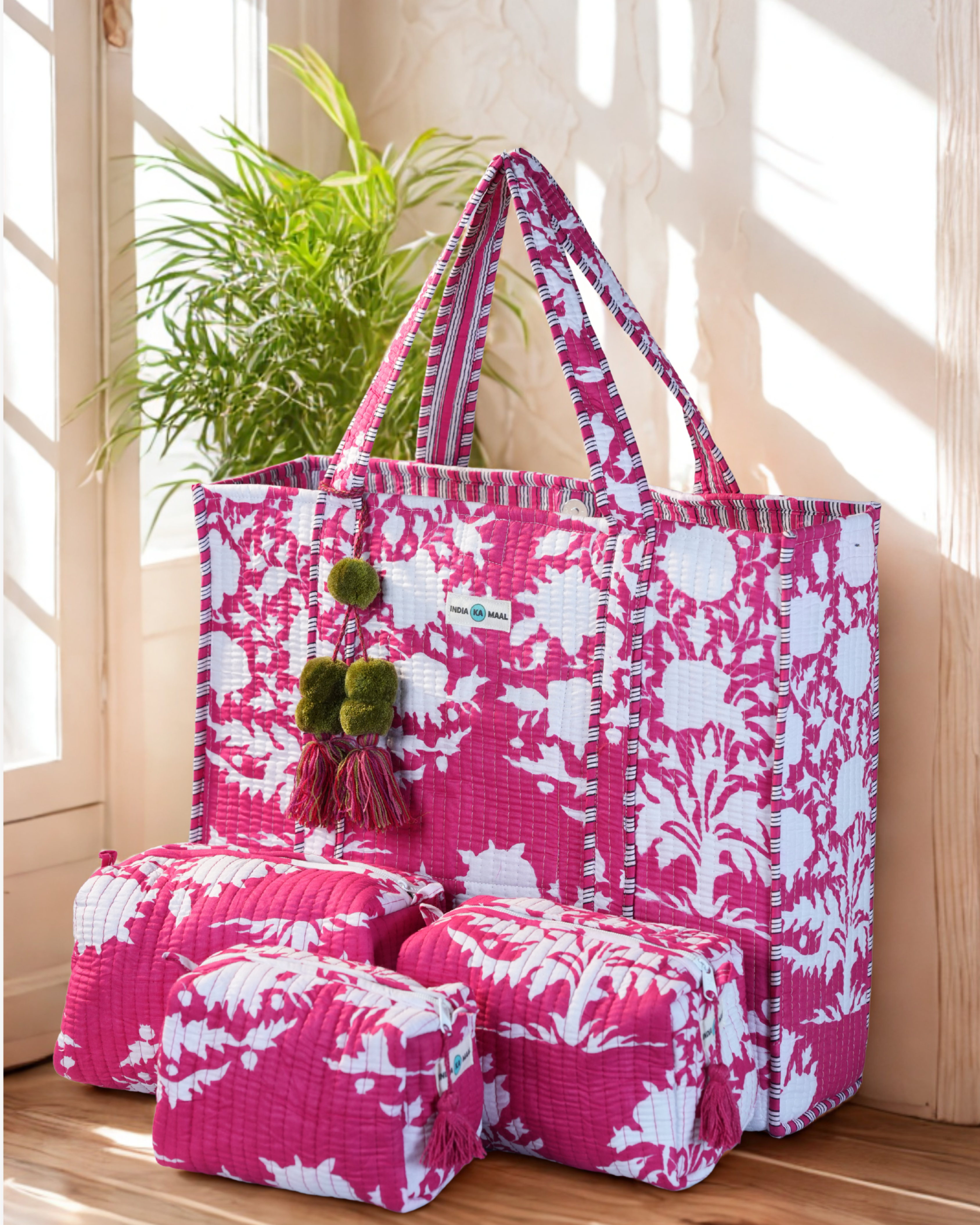 Hand Block Print Quilted Tote with 3 Matching Pouches (Pink and White)