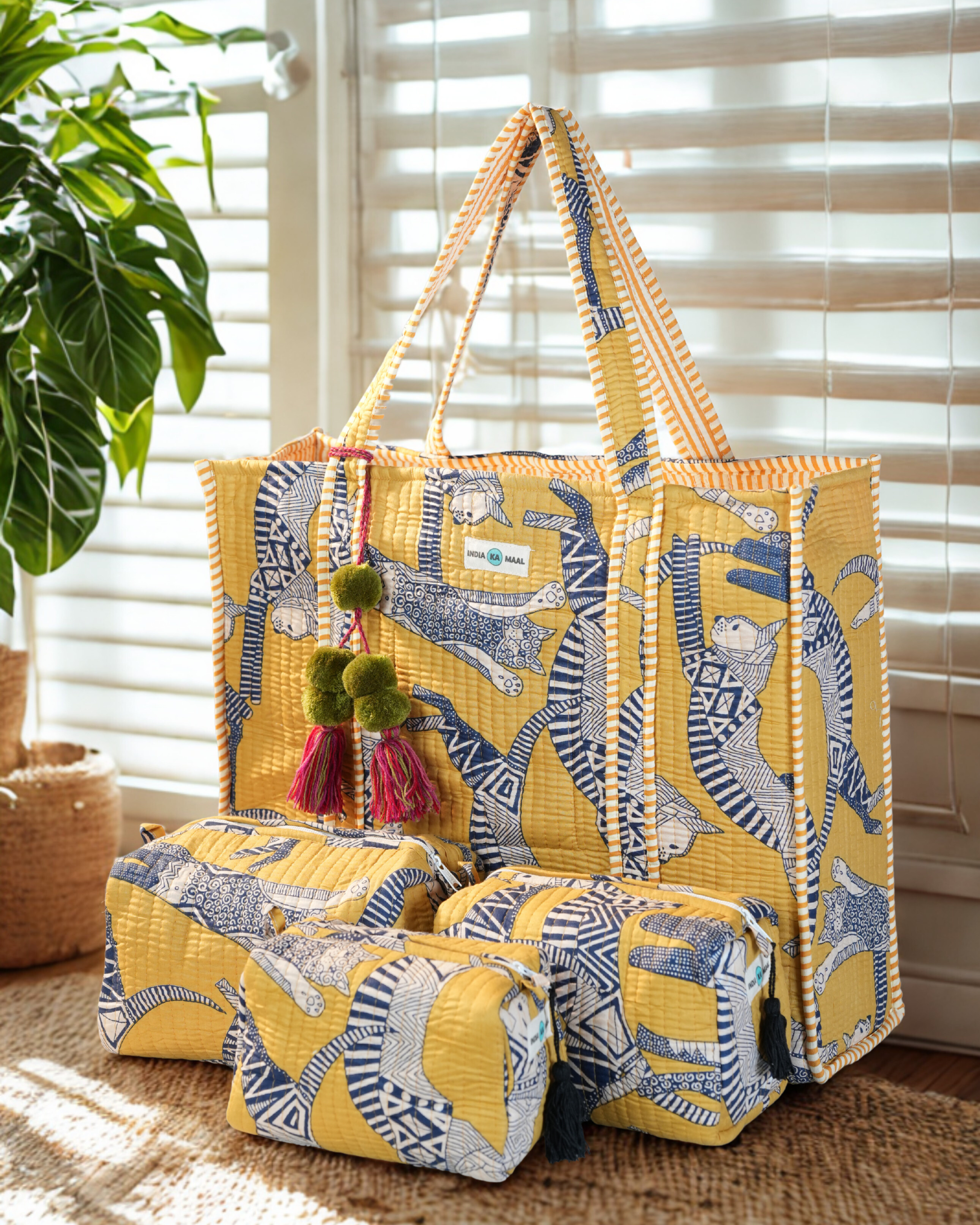 Hand Block Print Quilted Tote with 3 Matching Pouches (Yellow and Black)